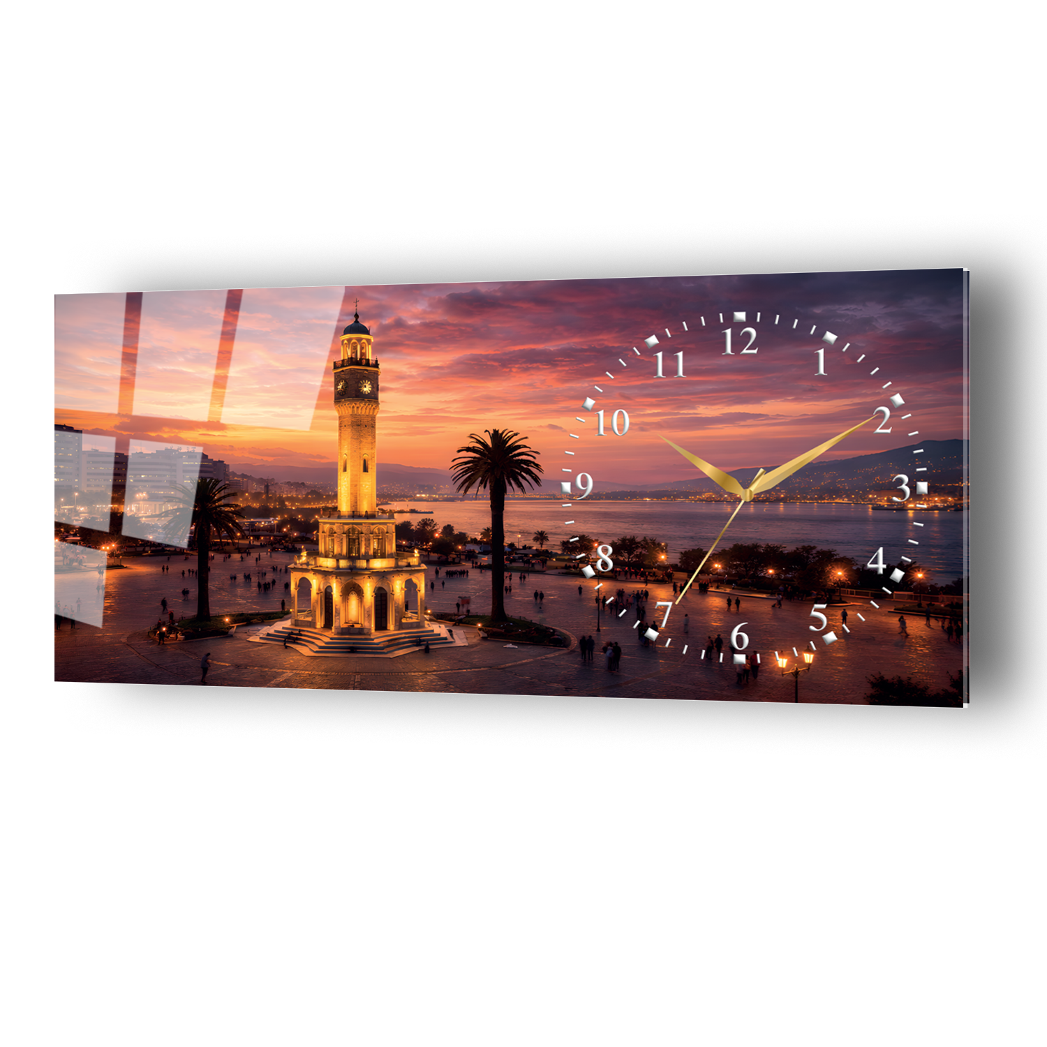 İzmir Konak Saat Kulesi Temalı Temperli Saatli Cam Tablo