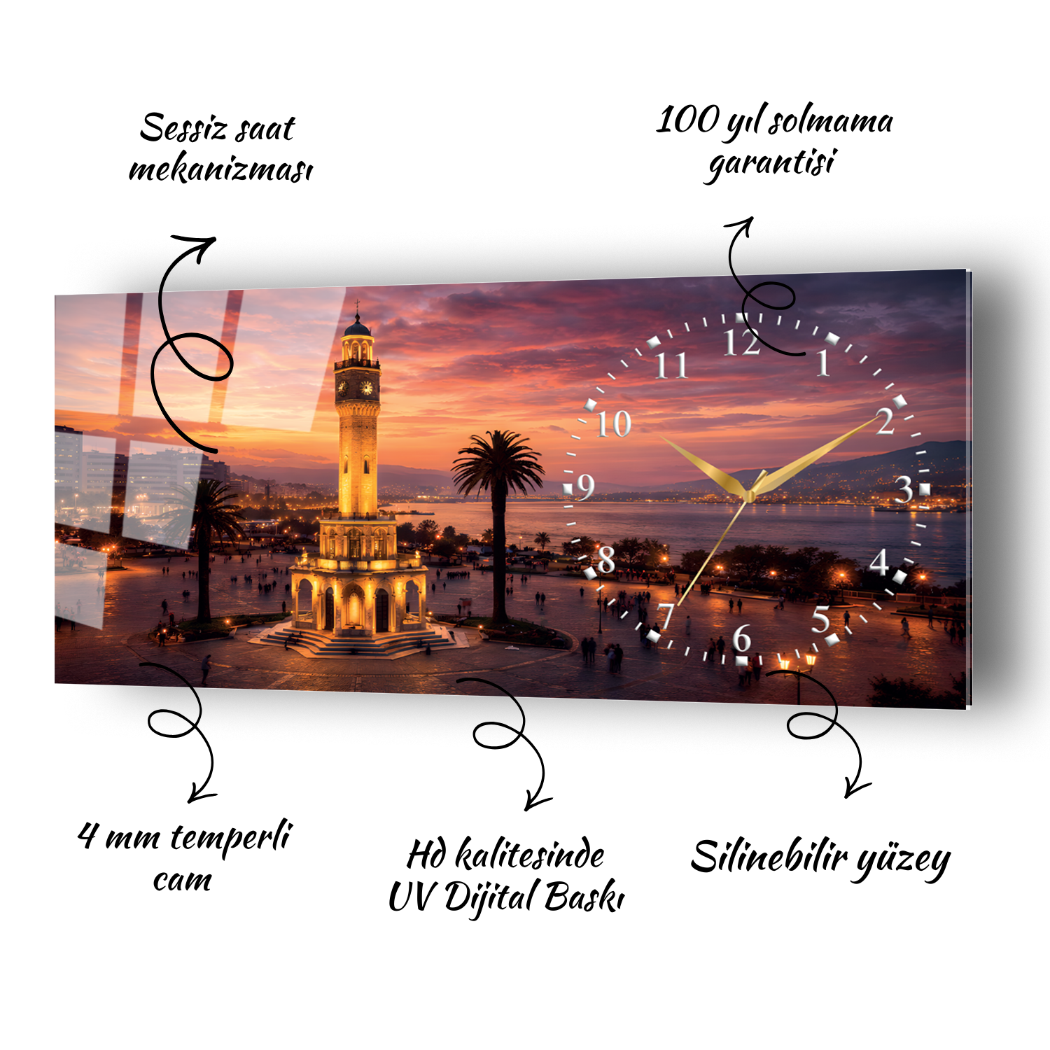 İzmir Konak Saat Kulesi Temalı Temperli Saatli Cam Tablo