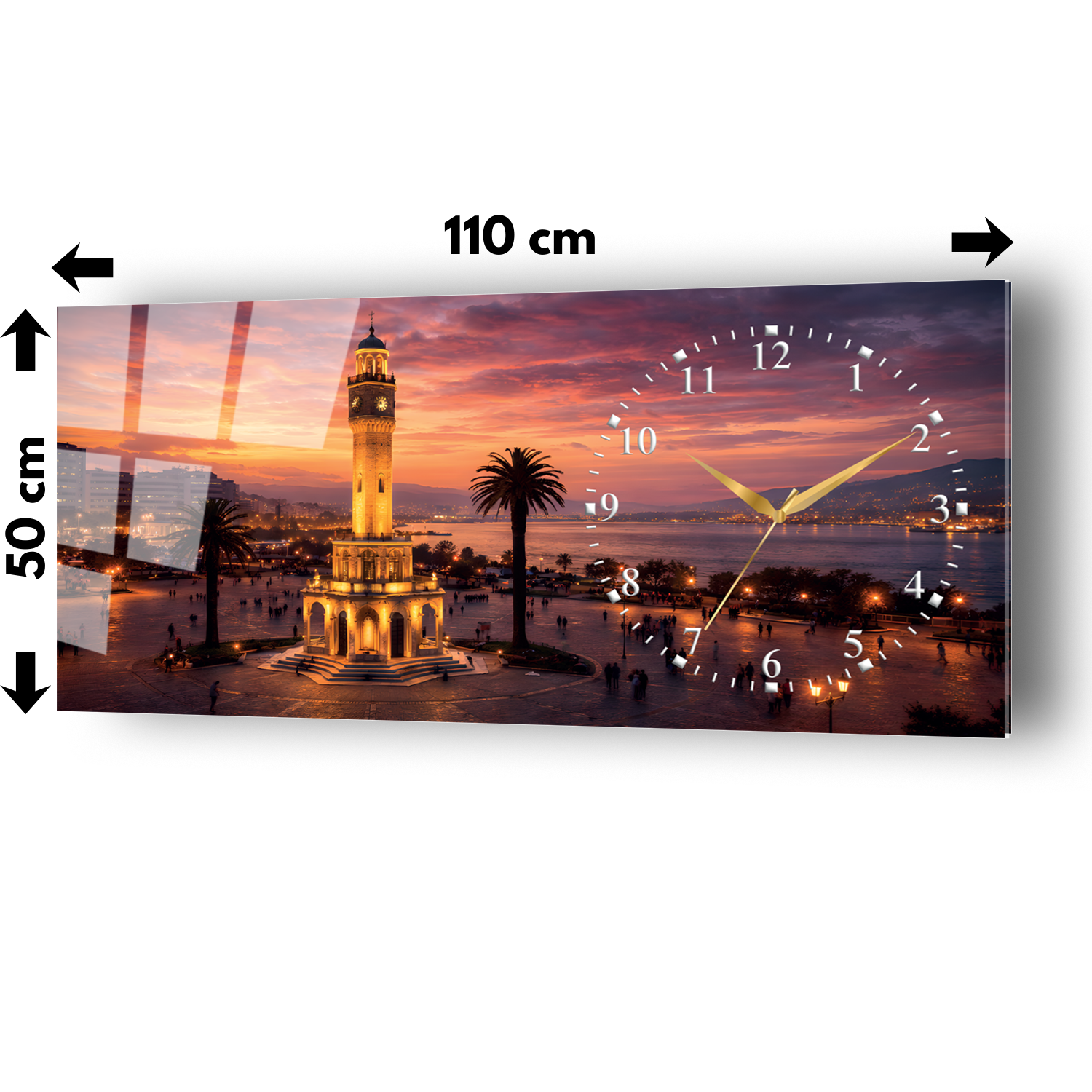 İzmir Konak Saat Kulesi Temalı Temperli Saatli Cam Tablo