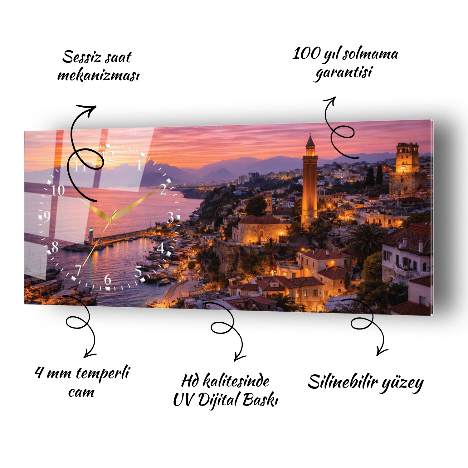 Antalya Yivli Minare ve Kaleiçi Manzarası Temalı Saatli Cam Tablo