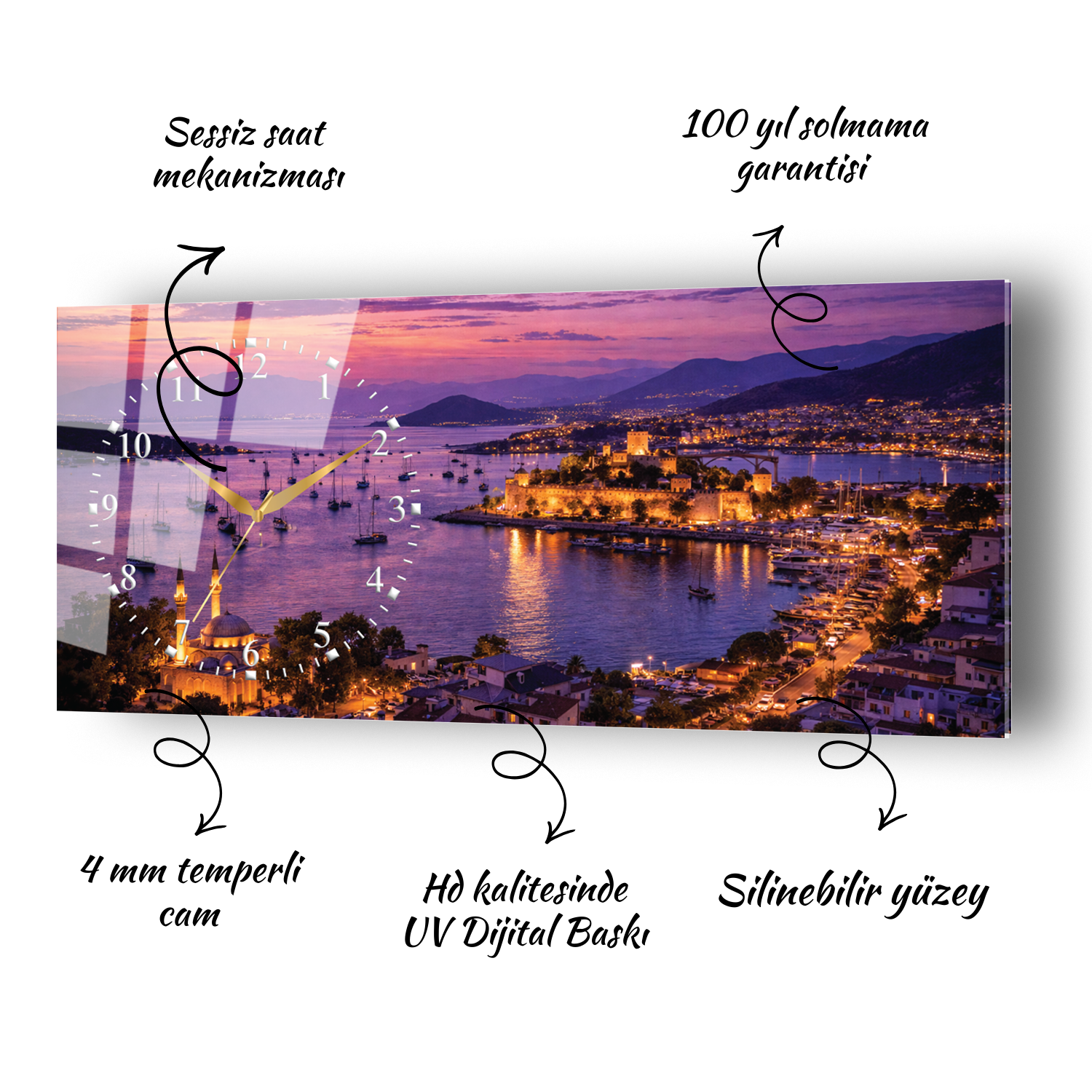 Muğla Ege Sahil Manzarası Temalı Temperli Saatli Cam Tablo