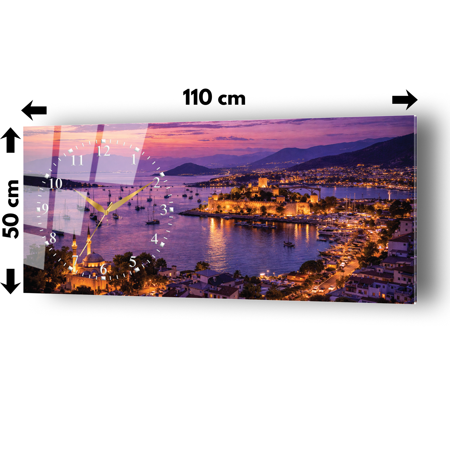 Muğla Ege Sahil Manzarası Temalı Temperli Saatli Cam Tablo