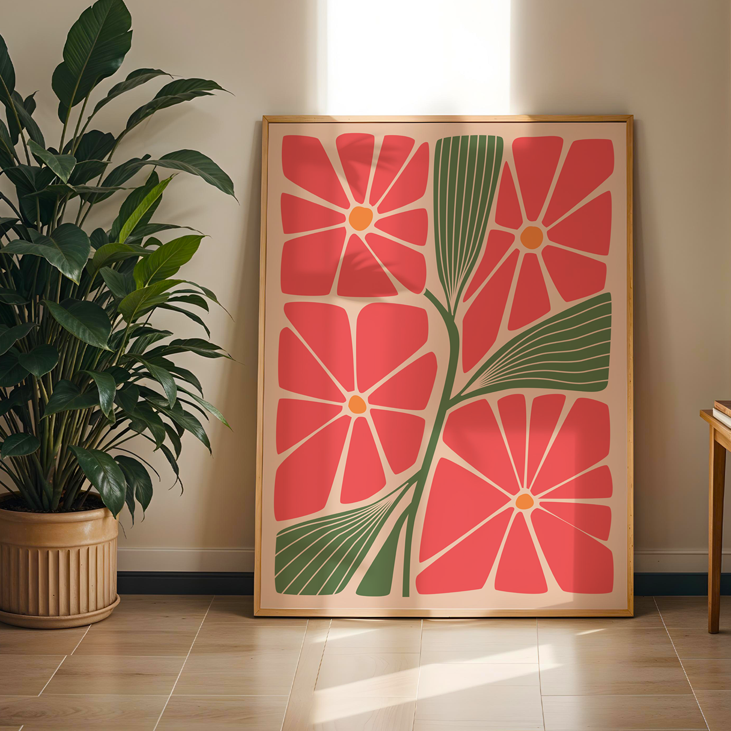 Flower Pink Green Serisi Tek Parça Doğal Ahşap Çerçeveli Tablo