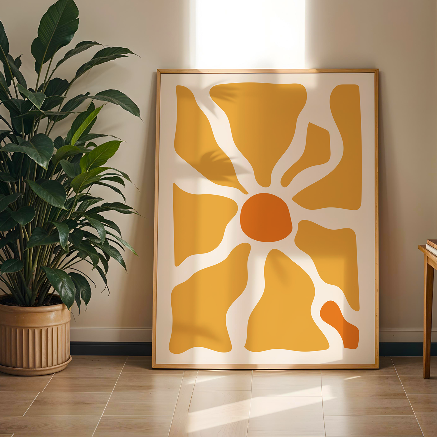 Flower Orange Serisi Tek Parça Doğal Ahşap Çerçeveli Tablo