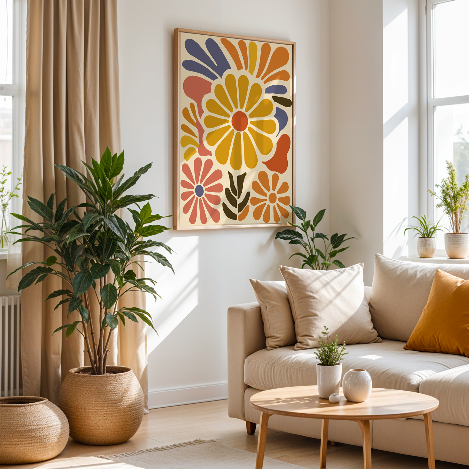 Sunburst Bloom Serisi Tek Parça Doğal Ahşap Çerçeveli Tablo