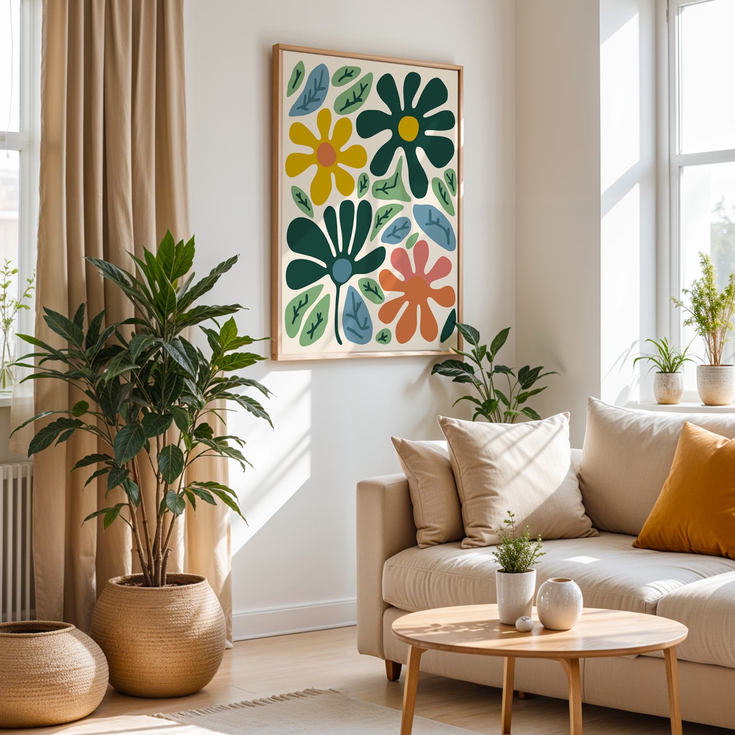 Retro Flower Harmony Serisi Tek Parça Doğal Ahşap Çerçeveli Tablo