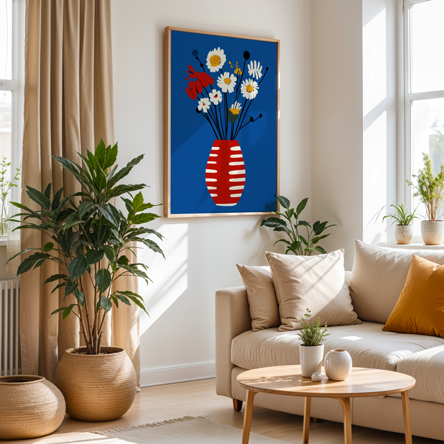 Scarlet Vase Bloom Serisi Tek Parça Doğal Ahşap Çerçeveli Tablo