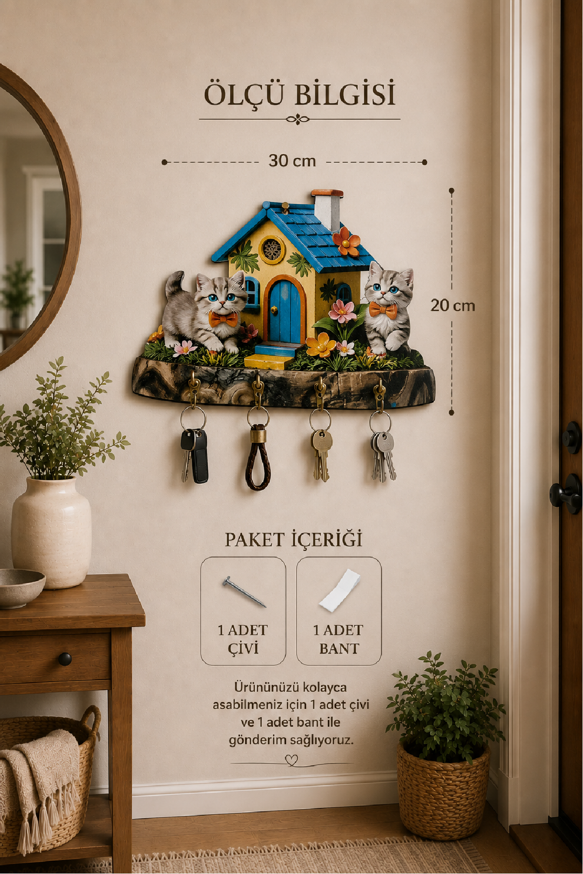 Sevimli Kedili Ev Temalı Dekoratif Duvar Askılı Anahtarlık