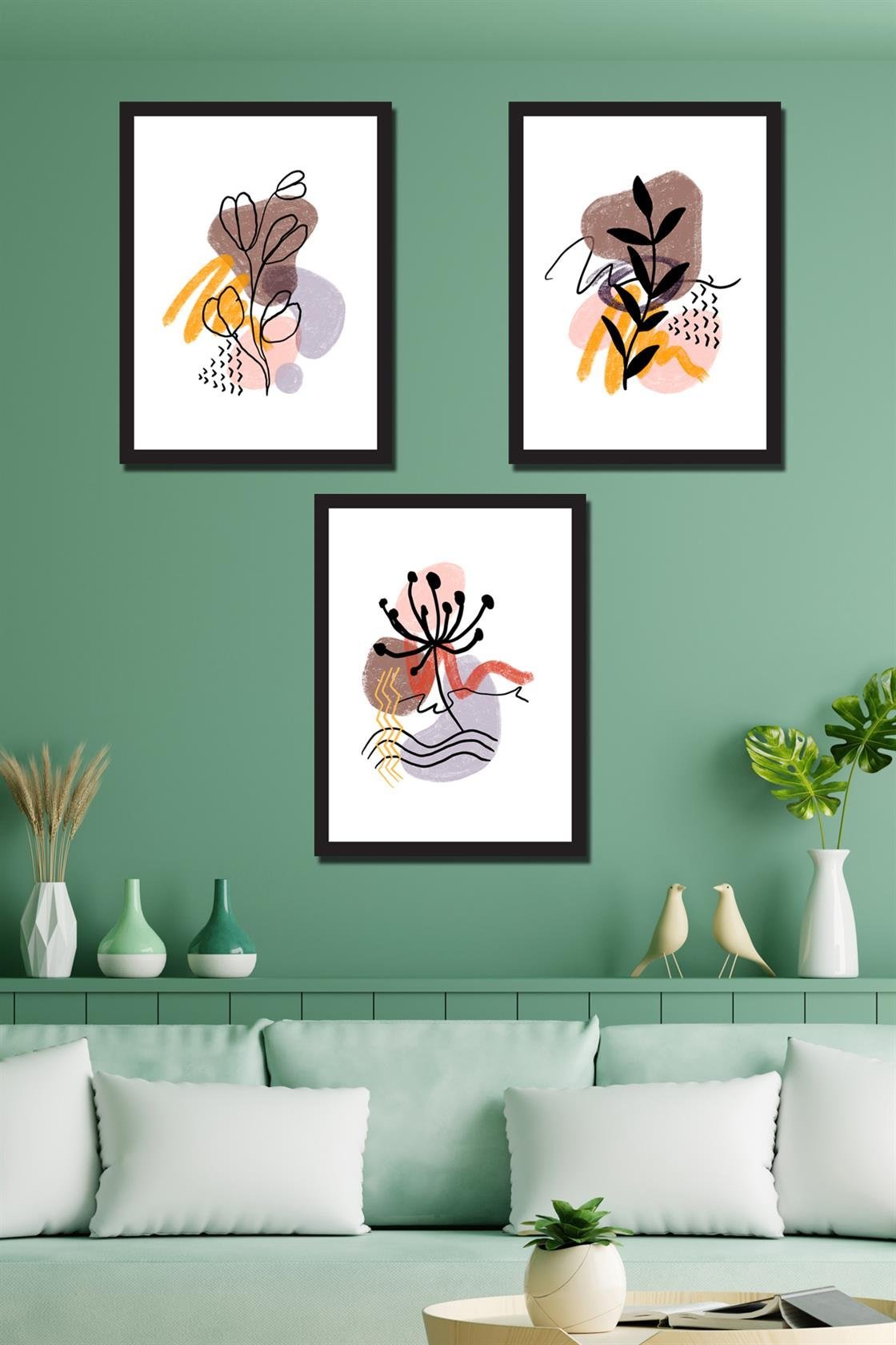 3 Parça Sanatsal bohem tarzı tablo seti siyah çerçeve görünümlü