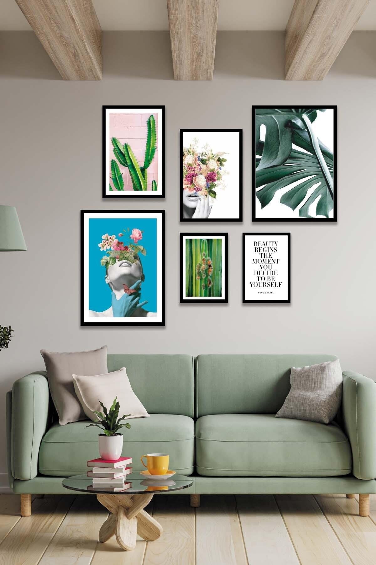 Sanatsal Kadın Yeşil Çiçek Ve Kaktüs Temalı Tablo Seti