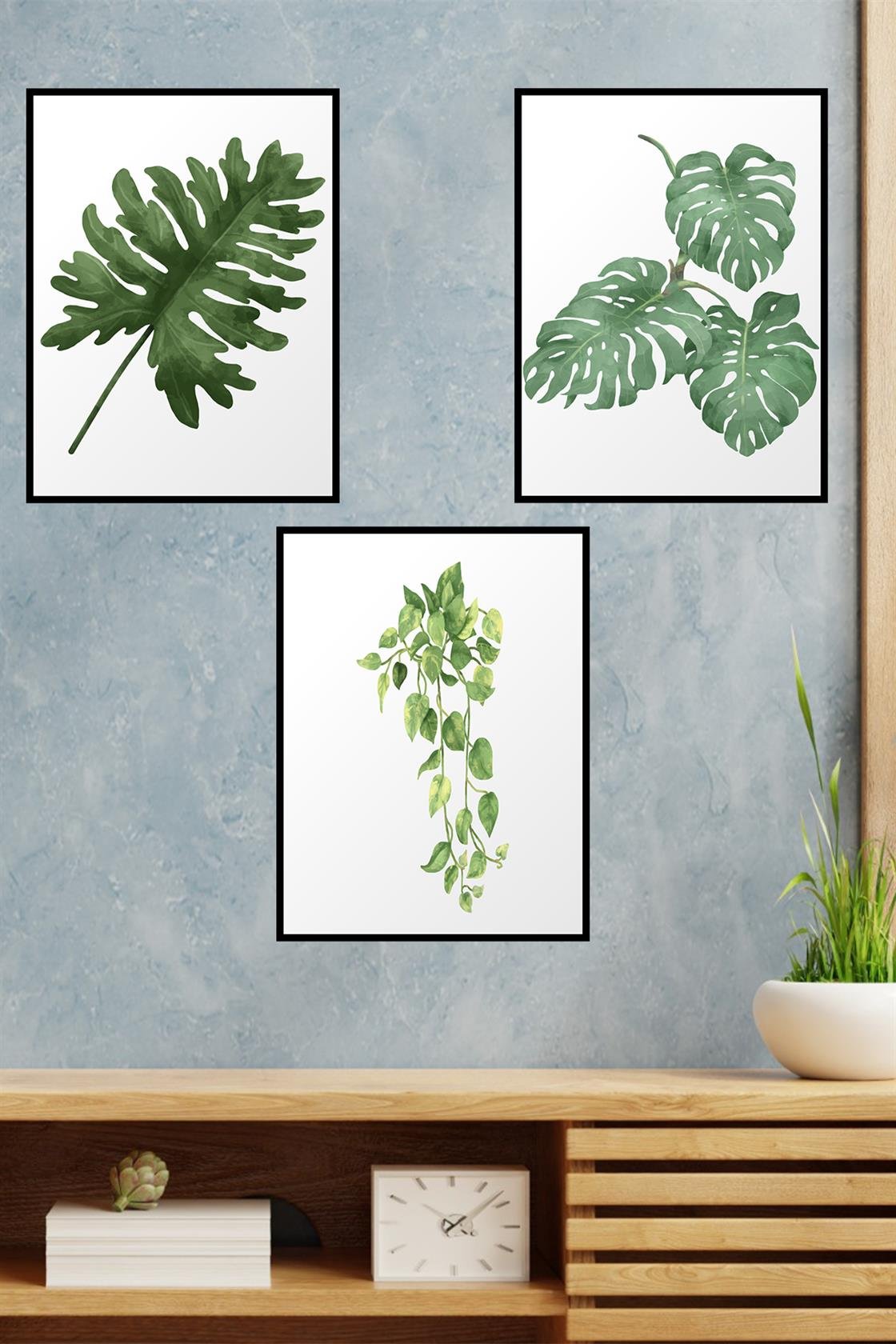 Botanik tarzda 3'lü tablo seti siyah çerceve görünümlü