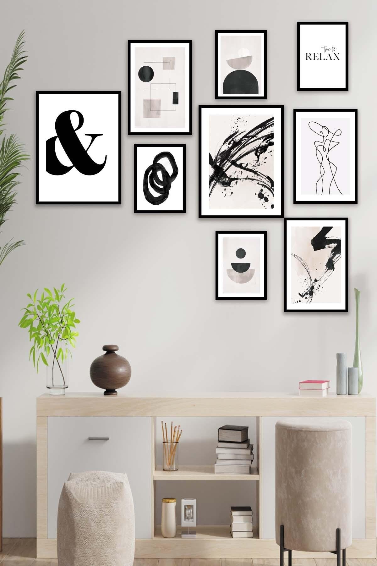 Siyah Geometrik Ve Line Art Temalı Tablo Seti