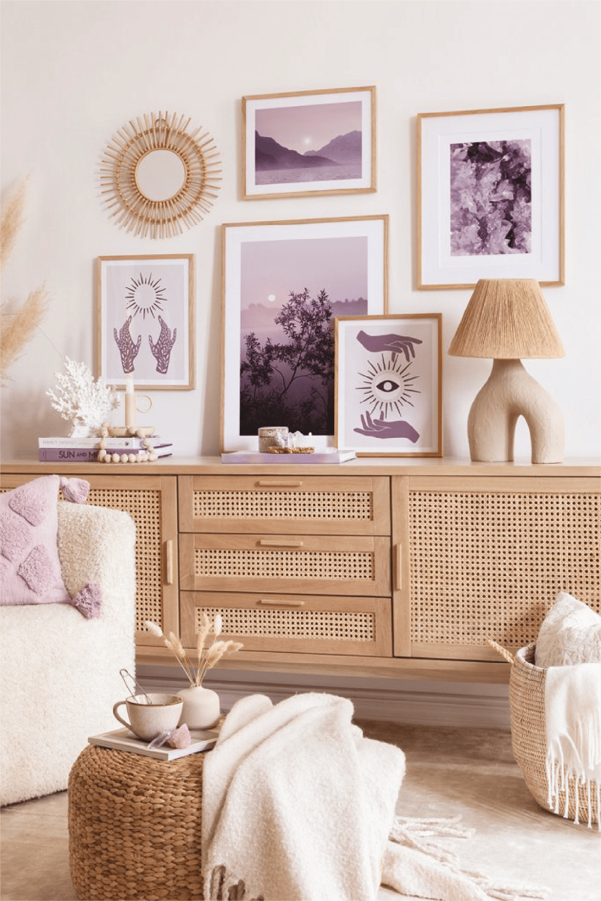 5 Parça Mor Ve Manzara Temalı Ahşap Çerçeve Görünümlü Tablo Seti