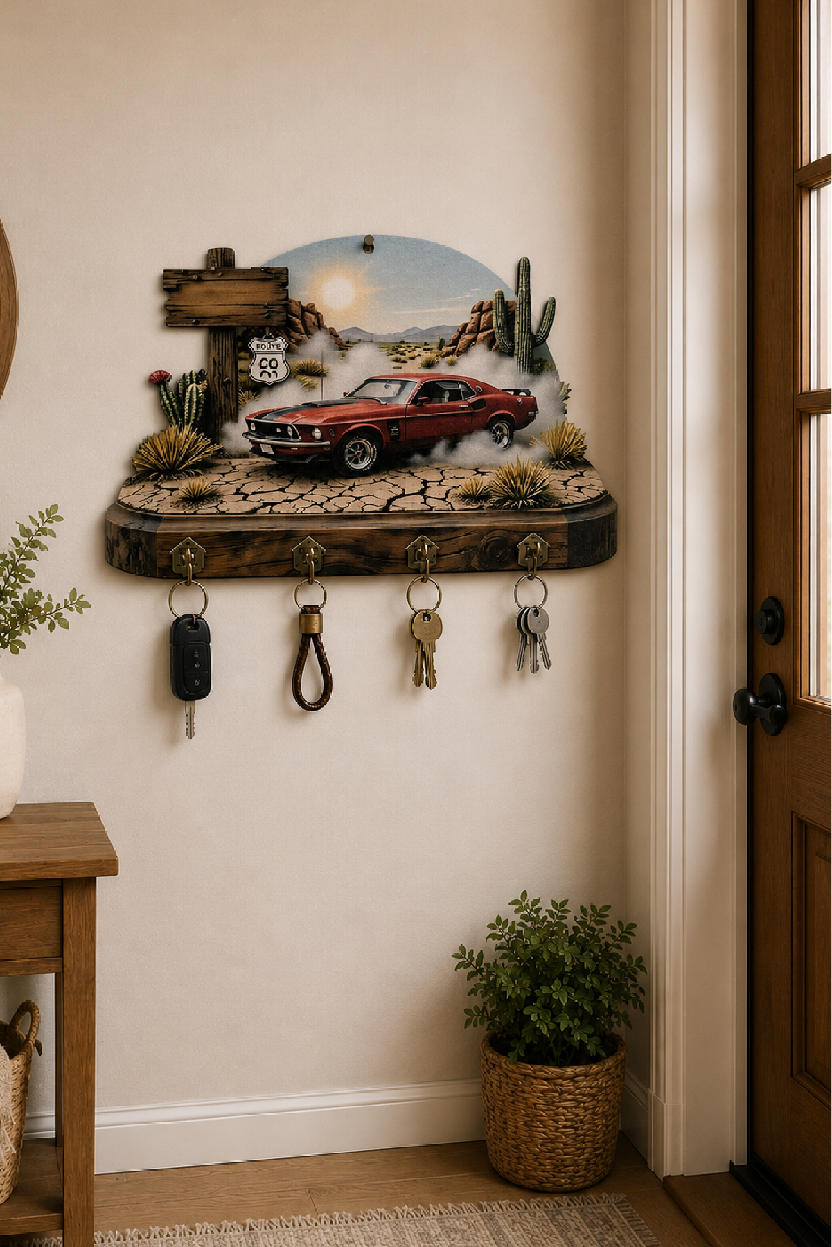 Klasik Araba ve Route 66 Temalı Dekoratif Duvar Askılı Anahtarlık