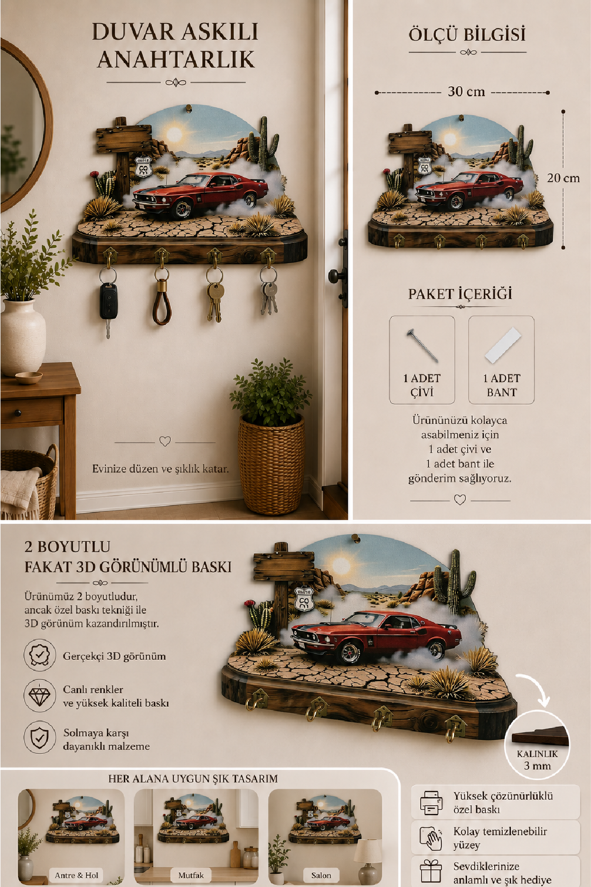 Klasik Araba ve Route 66 Temalı Dekoratif Duvar Askılı Anahtarlık