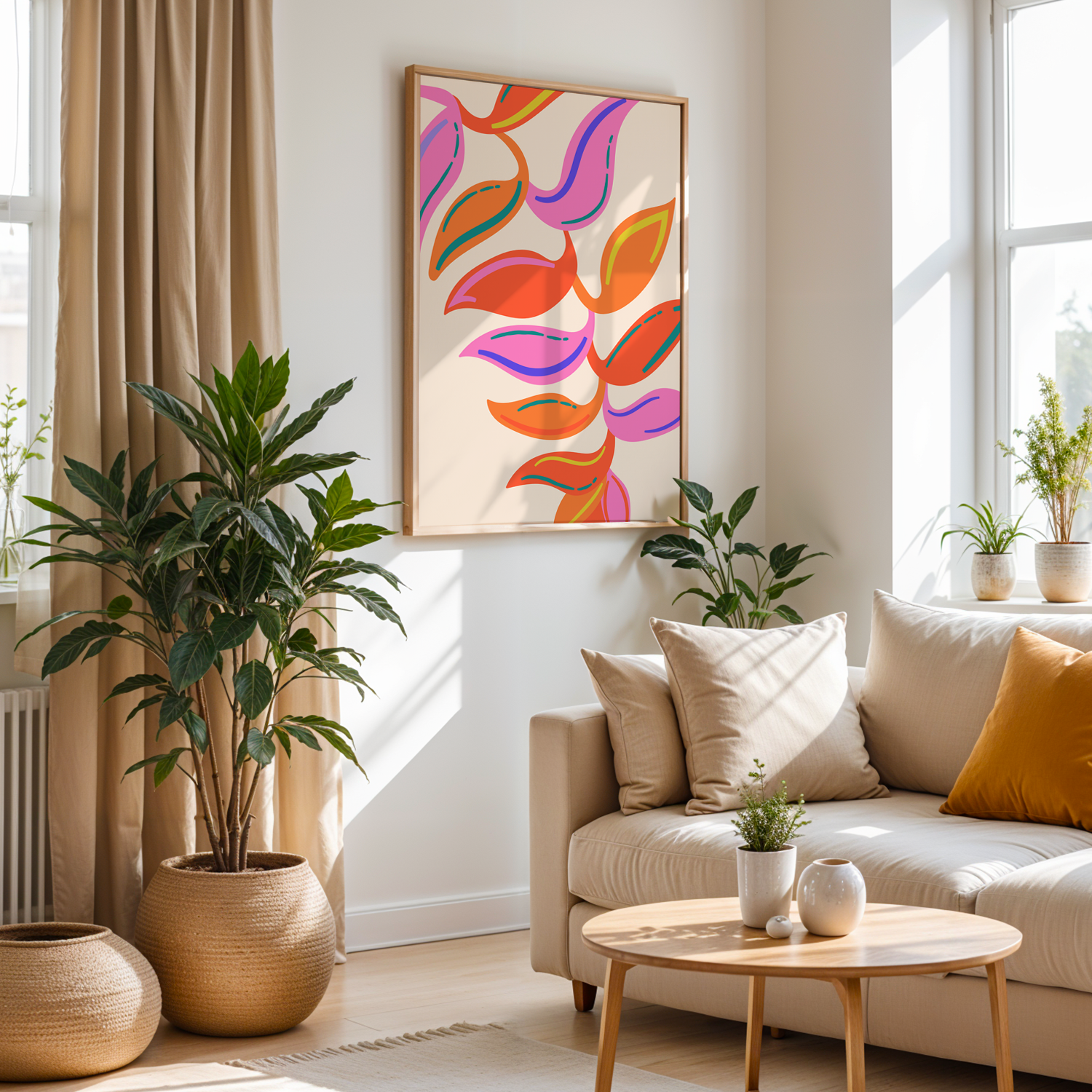 Colorful Botanical Leaves Serisi Tek Parça Doğal Ahşap Çerçeveli Tablo