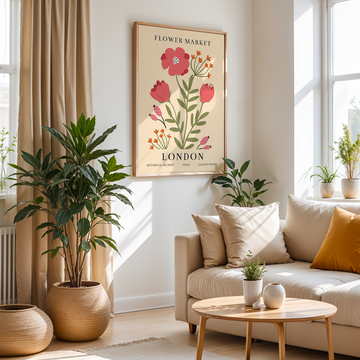 Flower Market London Serisi Tek Parça Doğal Ahşap Çerçeveli Tablo