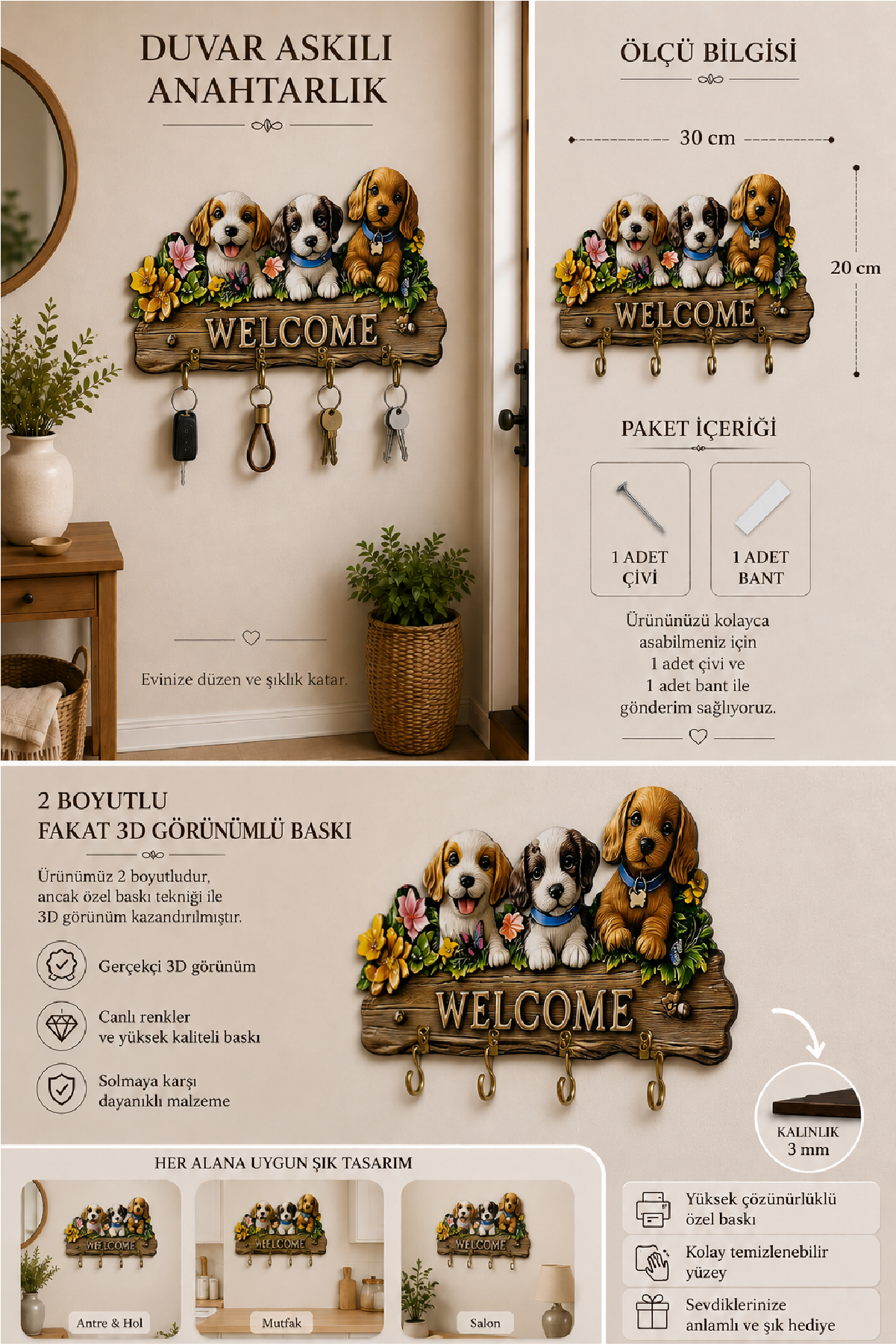 Sevimli Köpekler Welcome Dekoratif Duvar Askılı Anahtarlık