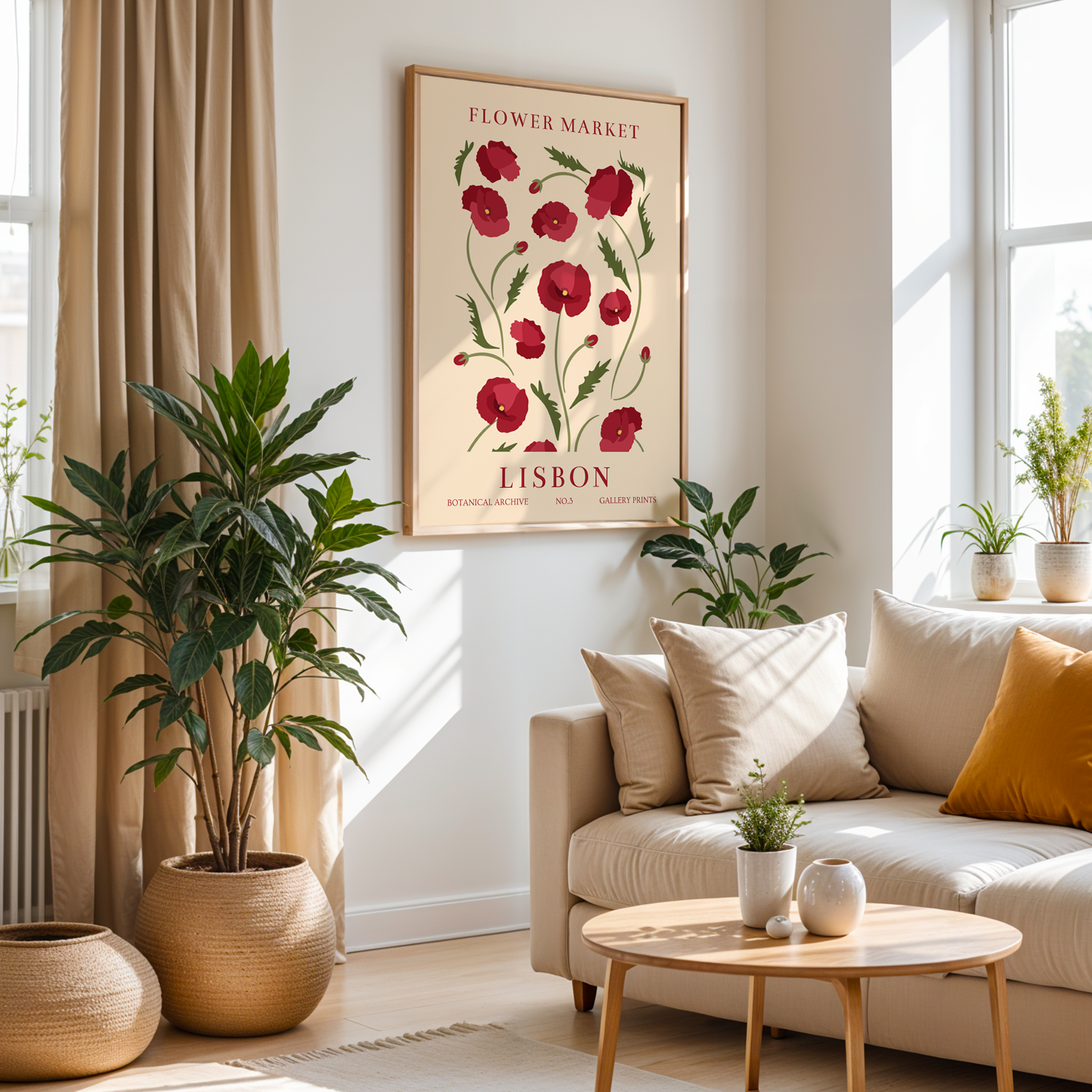 Flower Market Lisbon Serisi Tek Parça Doğal Ahşap Çerçeveli Tablo