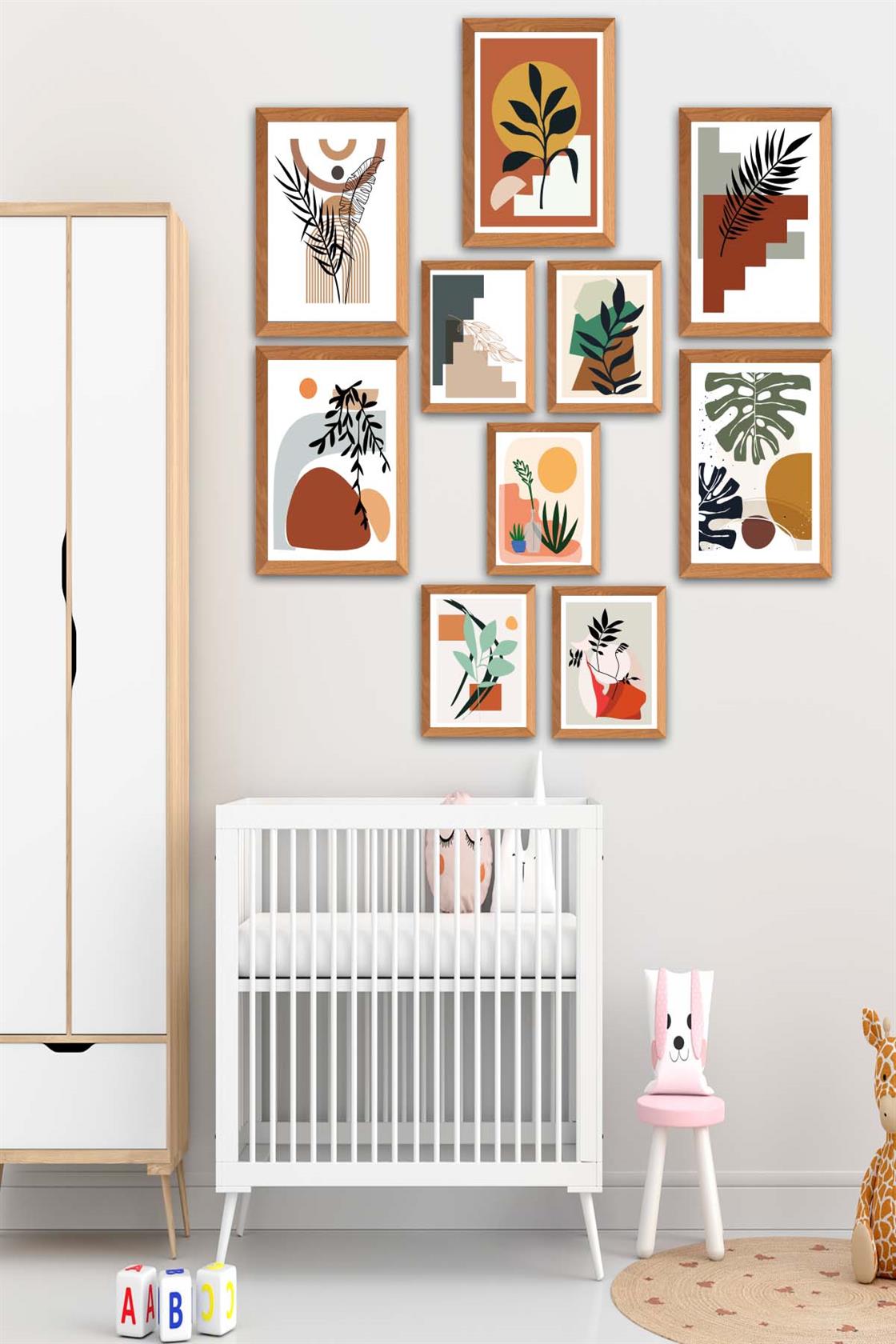 10 Parça Bohem Tarzında Ahşap Çerçeve Görünümlü Uv Baskı Mdf Tablo Seti