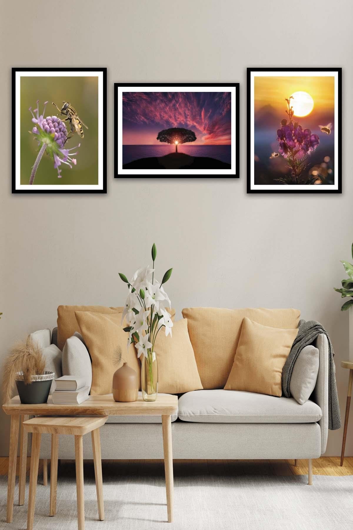 Arı Ve Çiçek Temalı Siyah Çerçeve Görünümlü Tablo Seti