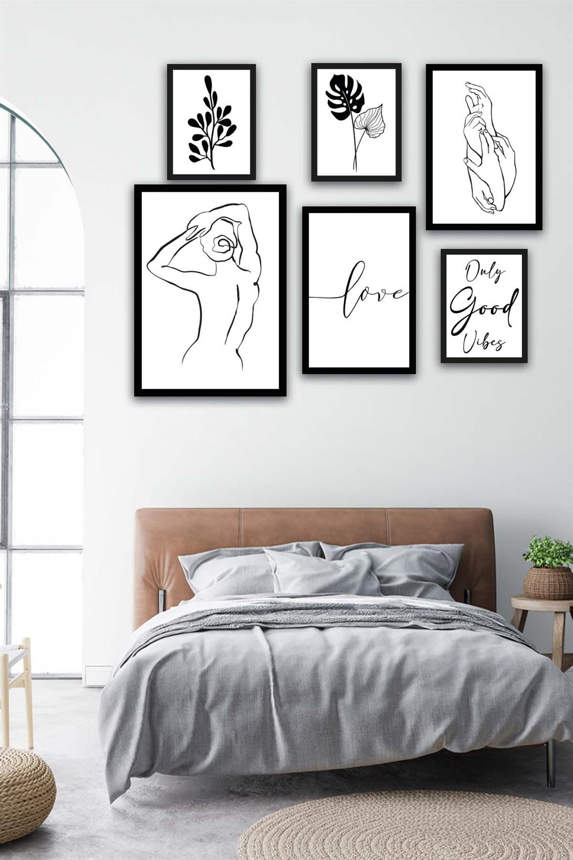 6 Parça Lineart Tarzda Sanatsal Siyah Çerçeve Görünümlü Uv Baskı Mdf Tablo Seti