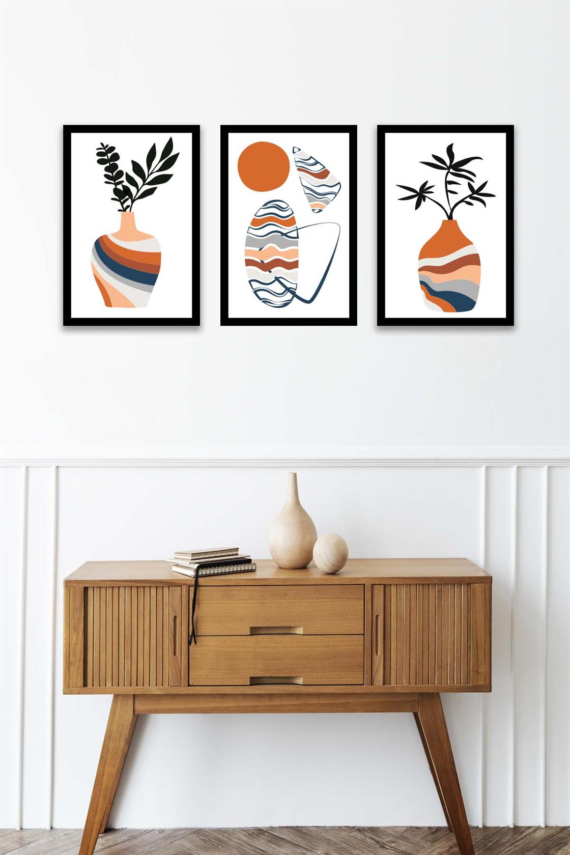 3 Parça Vazo Bohem Tarzında Siyah Çerçeve Görünümlü Dijital Baskı Tablo Seti