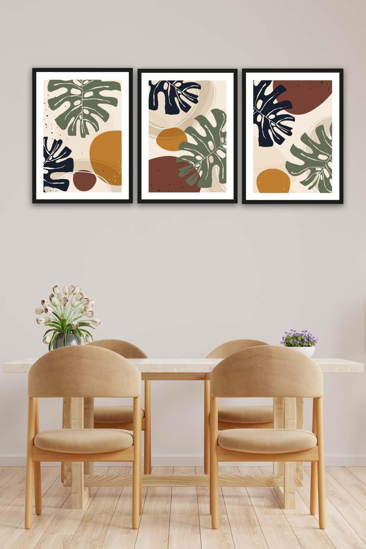 Botanik Yaprak Ve Bohem Tarzında Siyah Çerçeve Görünümlü Ahşap Tablo Seti