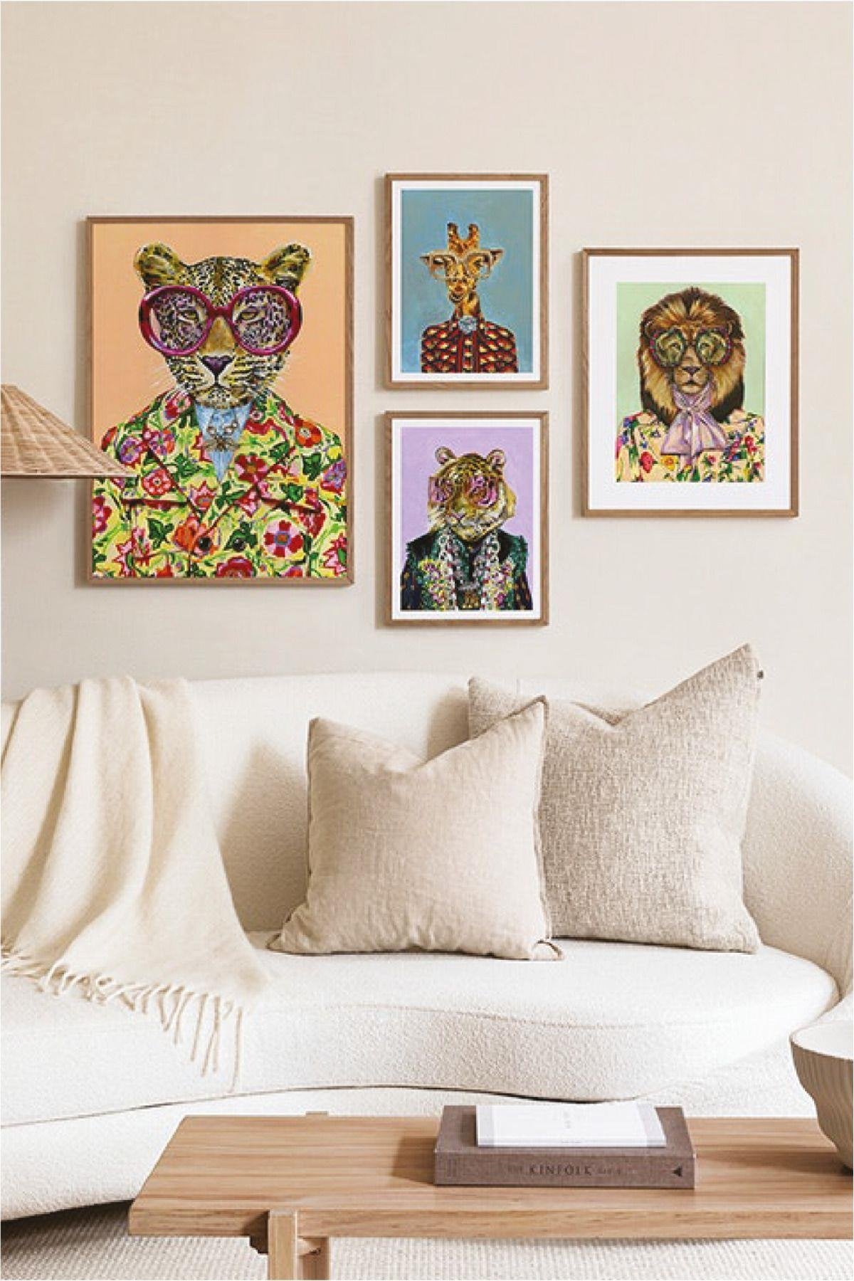 Modern Hayvan Temalı Ahşap Çerçeve Görünümlü Tablo Seti