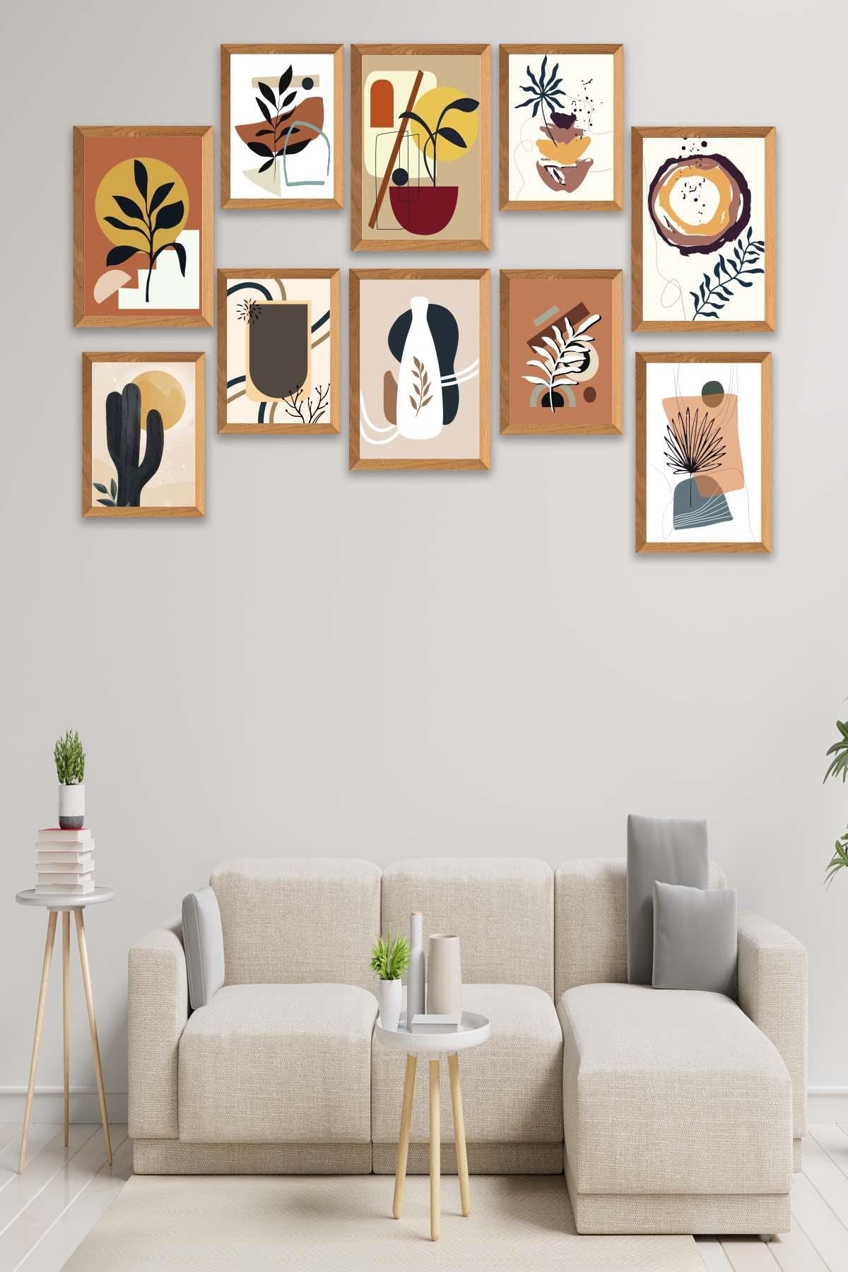 10 Parça Bohem Tarzında Sanatsal Ahşap Çerçeve Görünümlü Tablo Seti