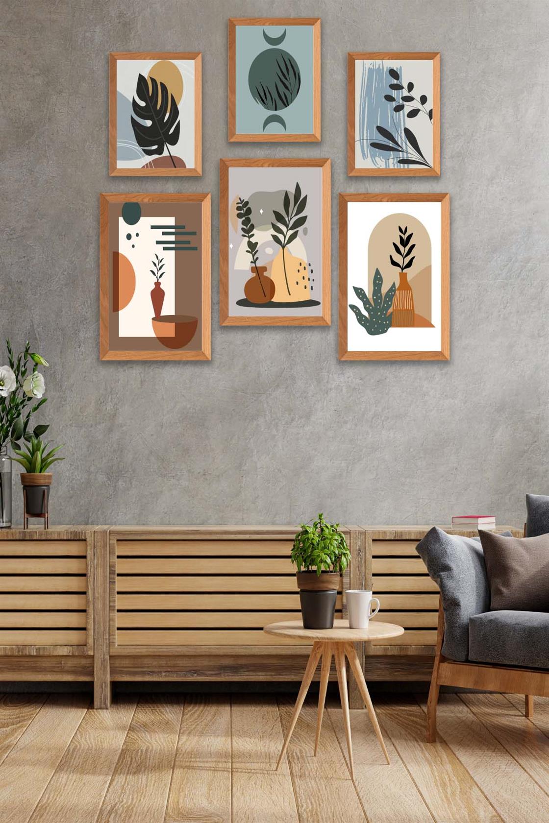 6 Parça Bohem Sanatsal Tarzında (Ahşap çerçeve görünümlü) Uv Baskı Mdf Tablo Seti