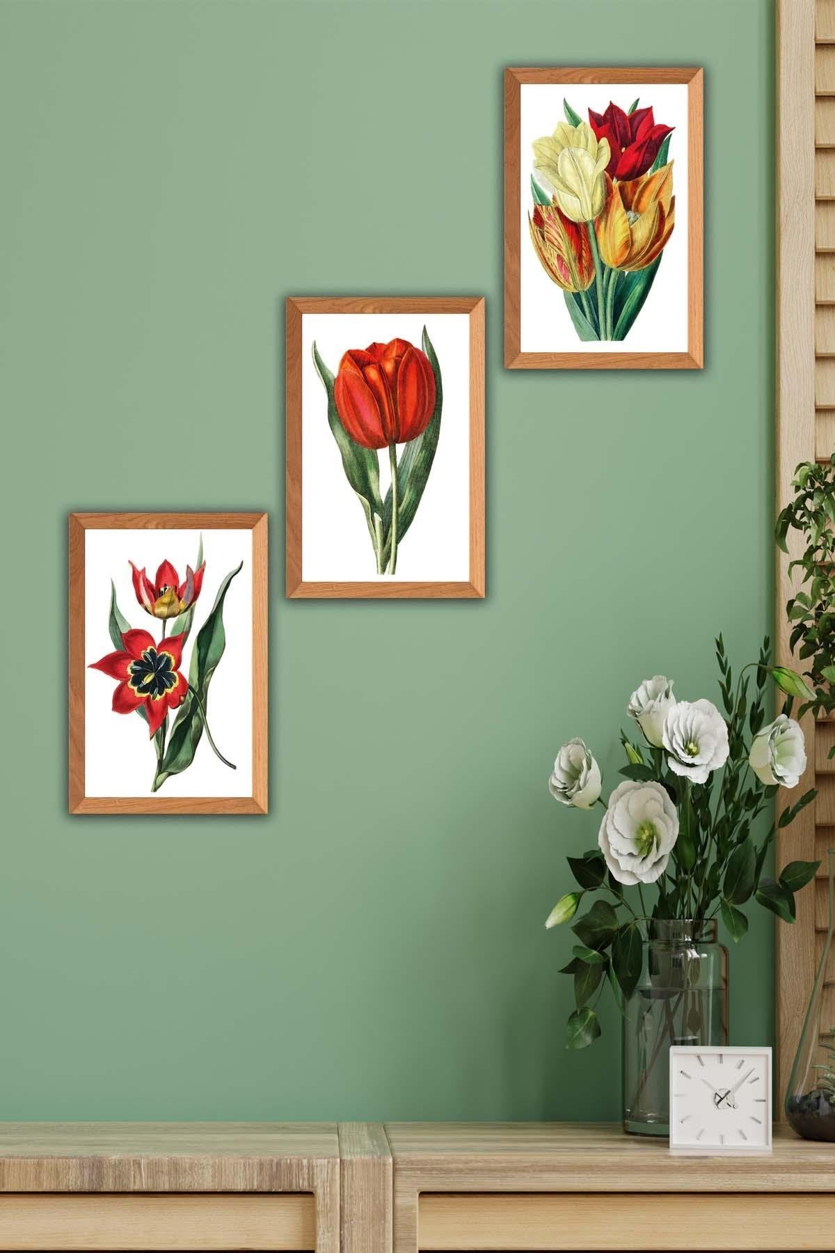 Gül Temalı Ahşap Çerçeve Görünümlü Tablo Seti