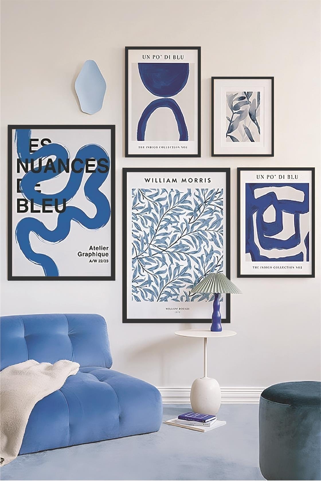 Blue Geometrik Çizgi Ve Çiçekler Temalı Tablo Seti