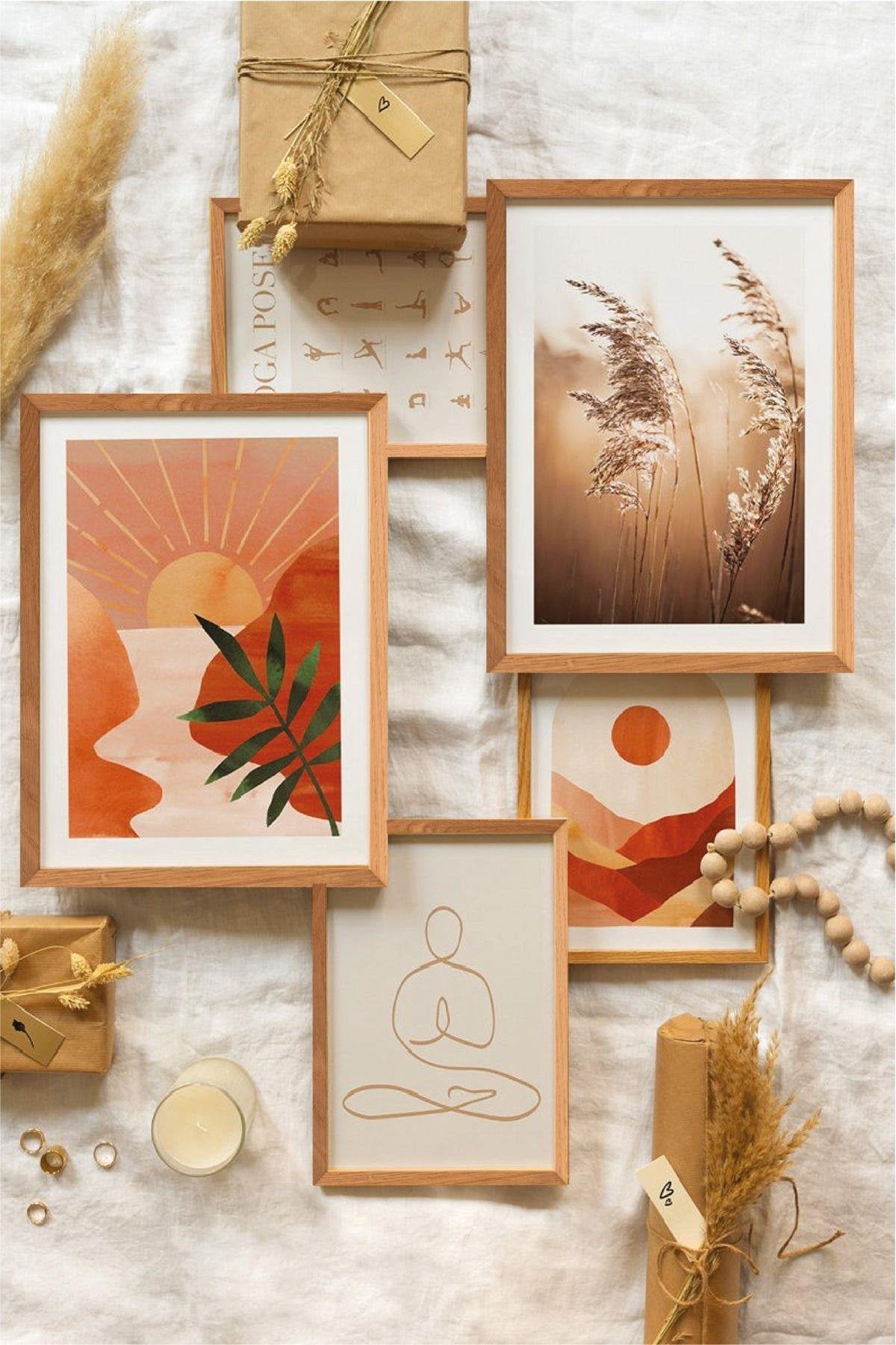 5 Parça Bohem Ve Gün Batımı Temalı Ahşap Çerçeve Görünümlü Tablo Seti