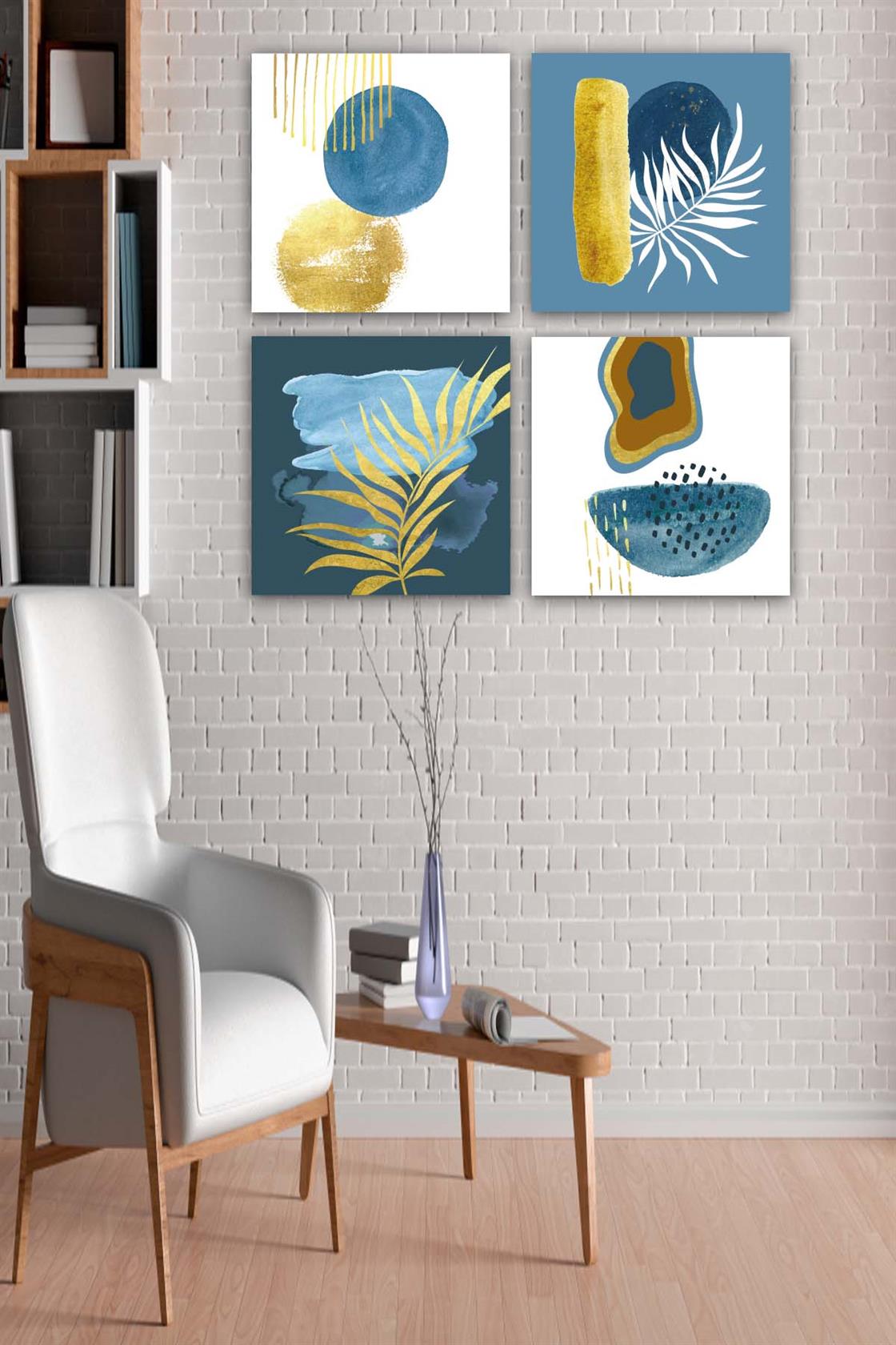 4 Parça Suluboya Botanik Tarzda Uv Baskı Tablo Seti