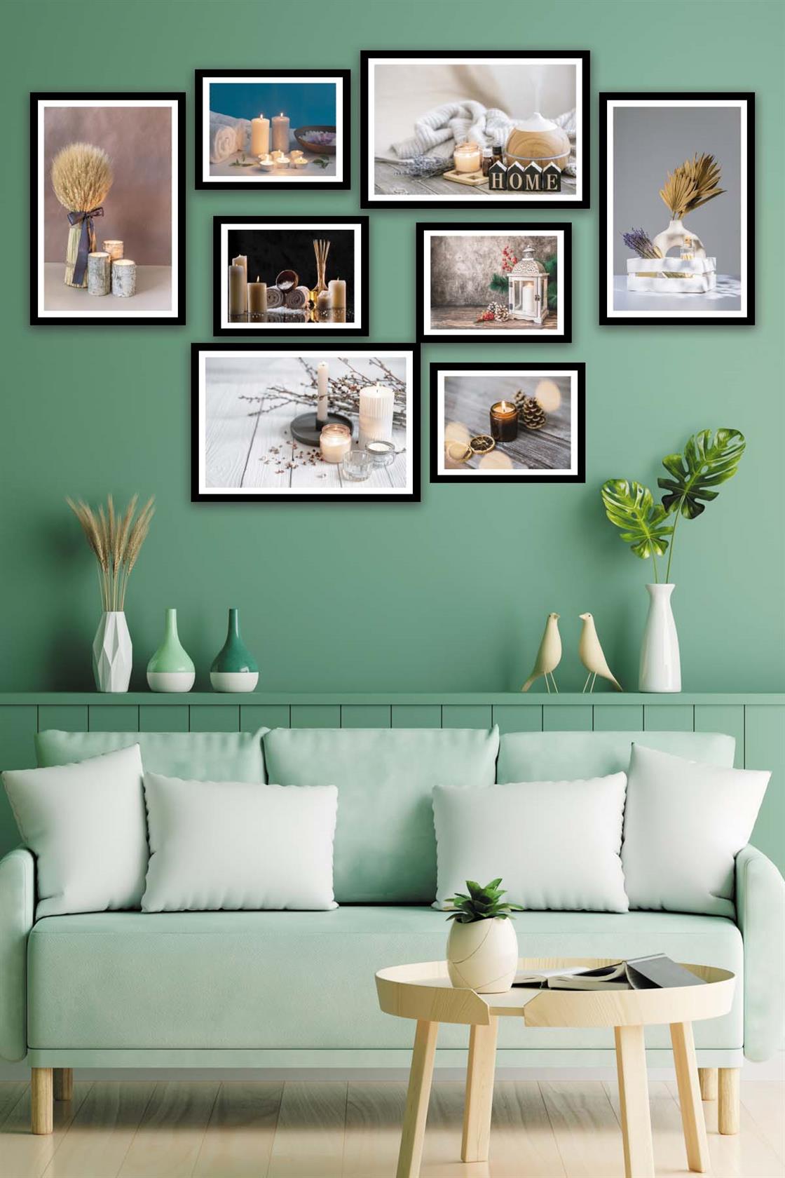 8 Parça Mum Ve Kozalak Tarzında Siyah Çerçeve Görünümlü Mdf Tablo Seti