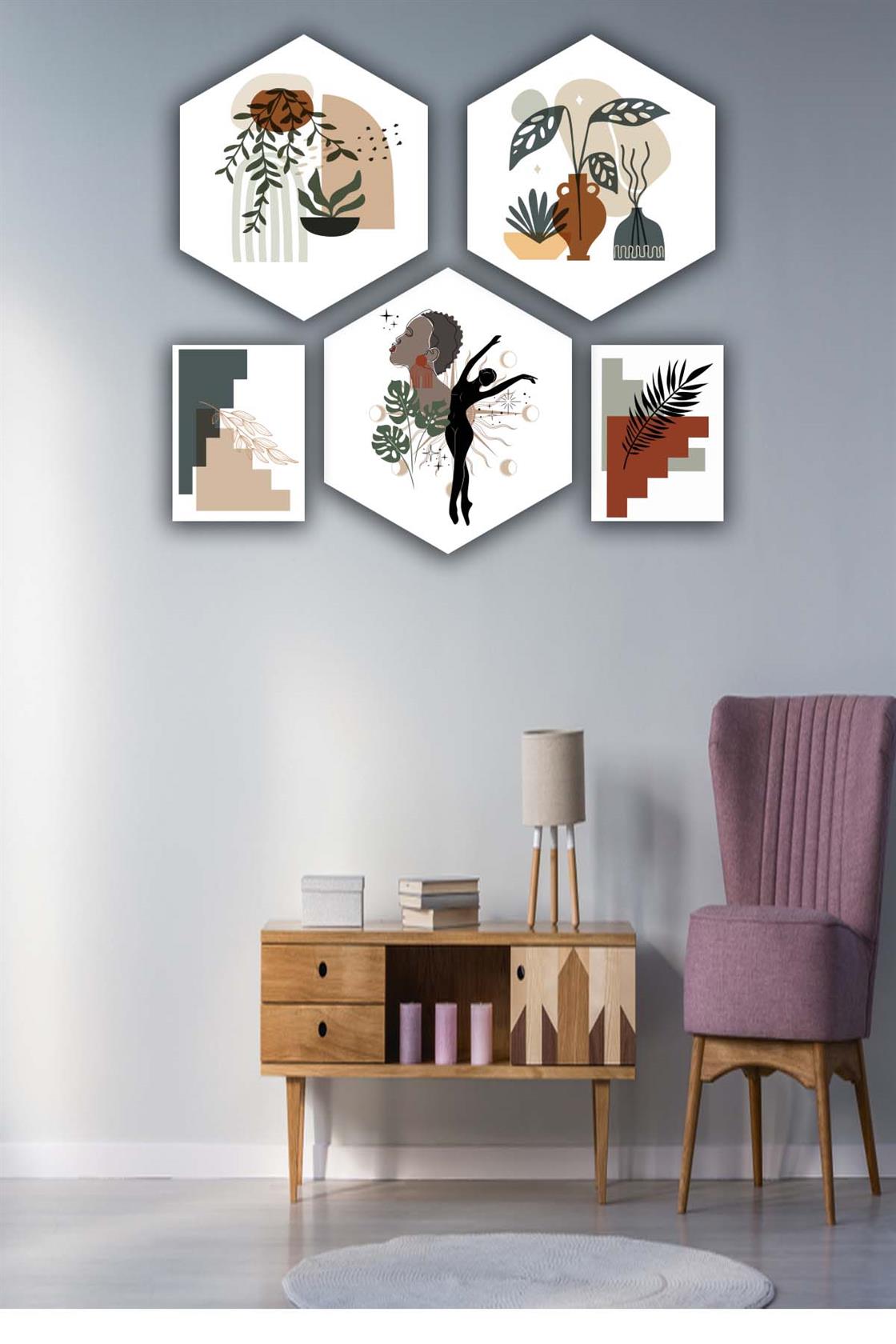 5 Parça Petek Ve Dikdörtgen Tasarım Bohem Tarzında Uv Baskı Mdf Tablo Seti