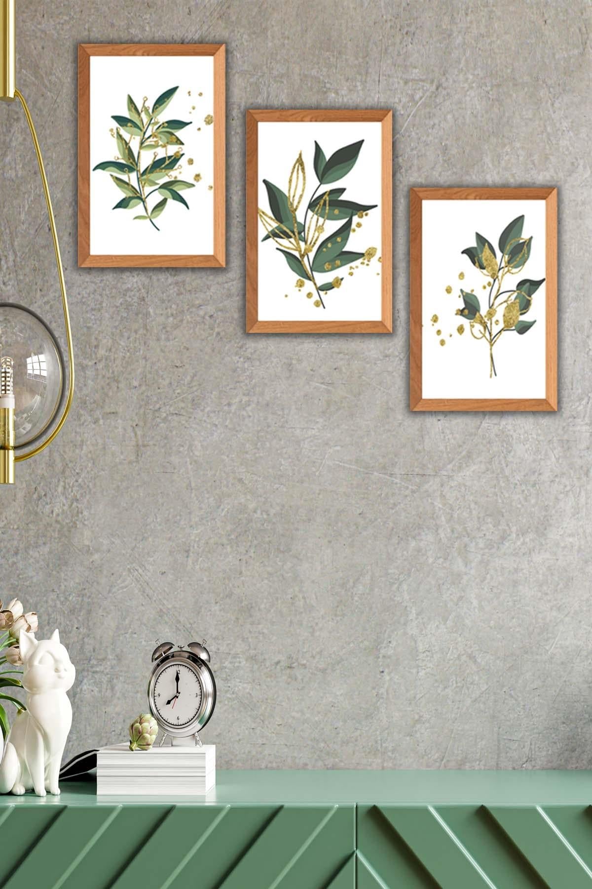 Yeşil Çiçek Temalı Ahşap Çerçeve Görünümlü Tablo Seti