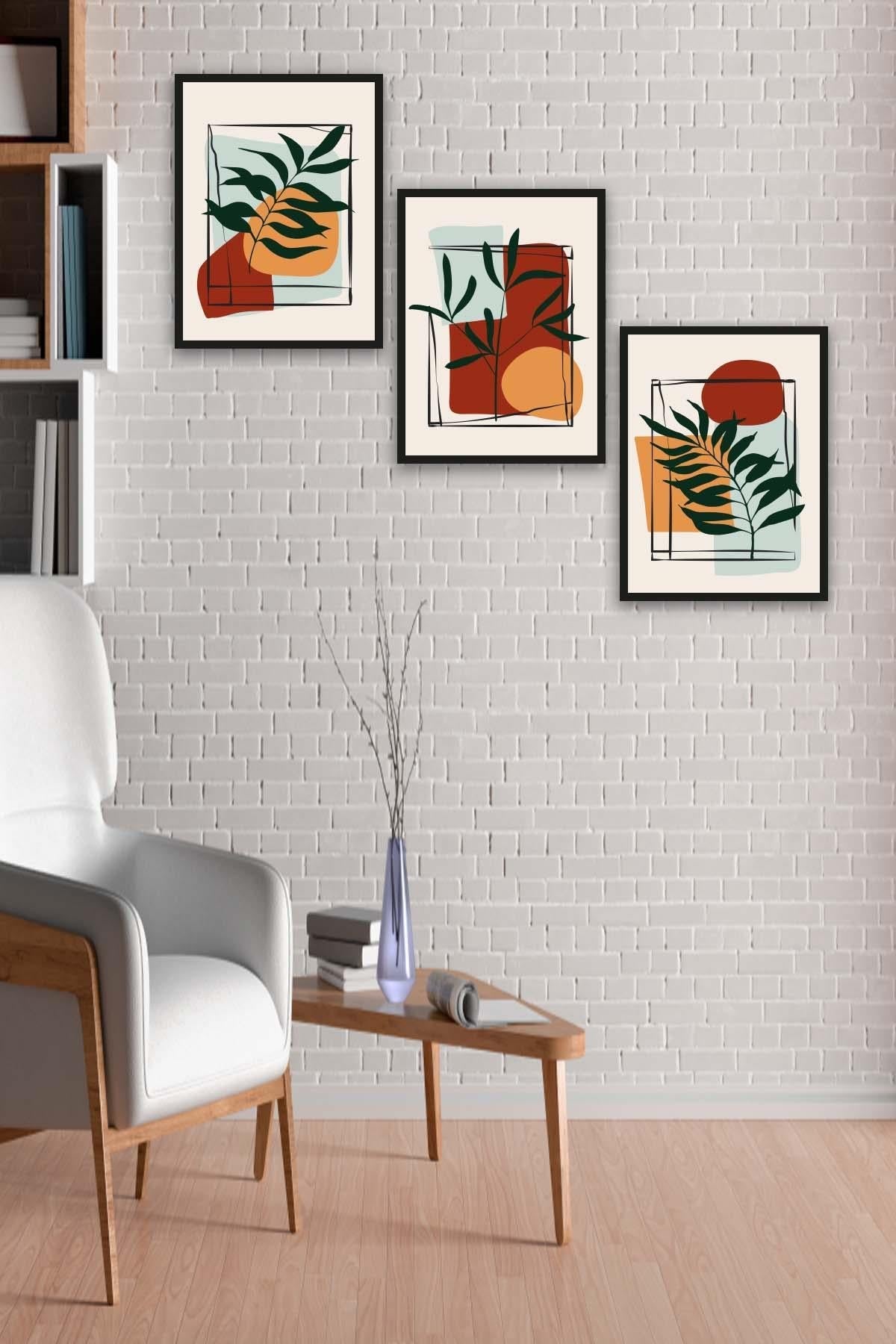 3 Parça Bohem Tarzında Siyah Çerçeve Görünümlü Tablo Seti