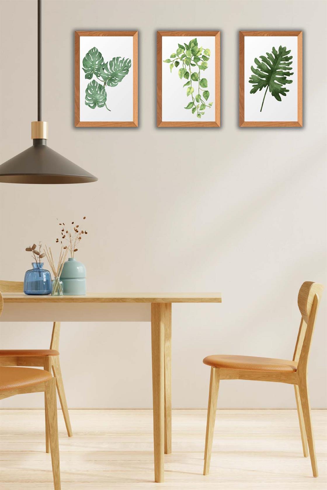 3 Parça Bohem Tarzı Yaprak Ahşap Çerçeve Görünümlü Tablo Seti