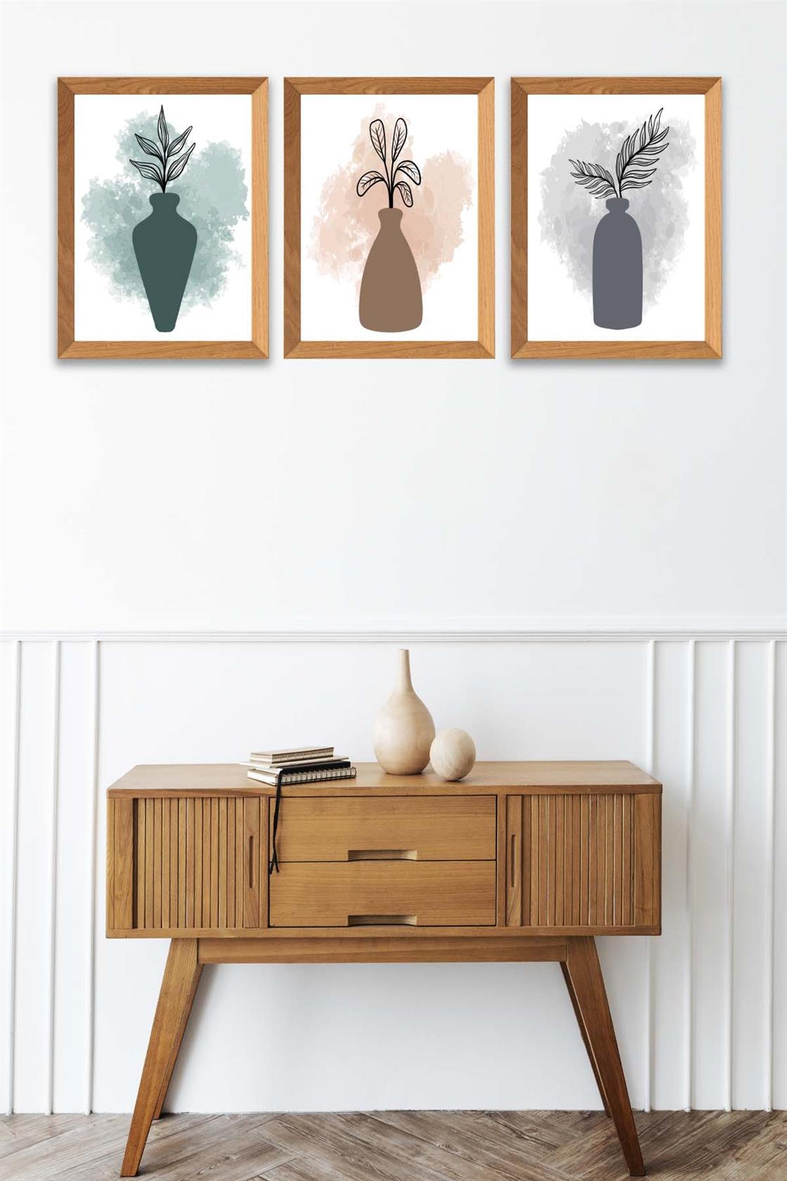 3 Parça Modern Sanatsal Suluboya Tarzda (Ahşap çerçeve görünümlü) Uv Baskı Mdf Tablo Seti