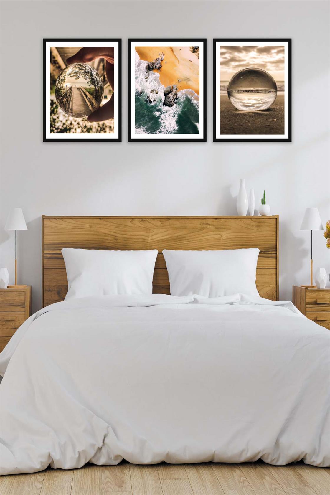 3 Parça Modern Tarzda Sanatsal Siyah Çerçeve Görünümlü Dijital Baskı Tablo Seti