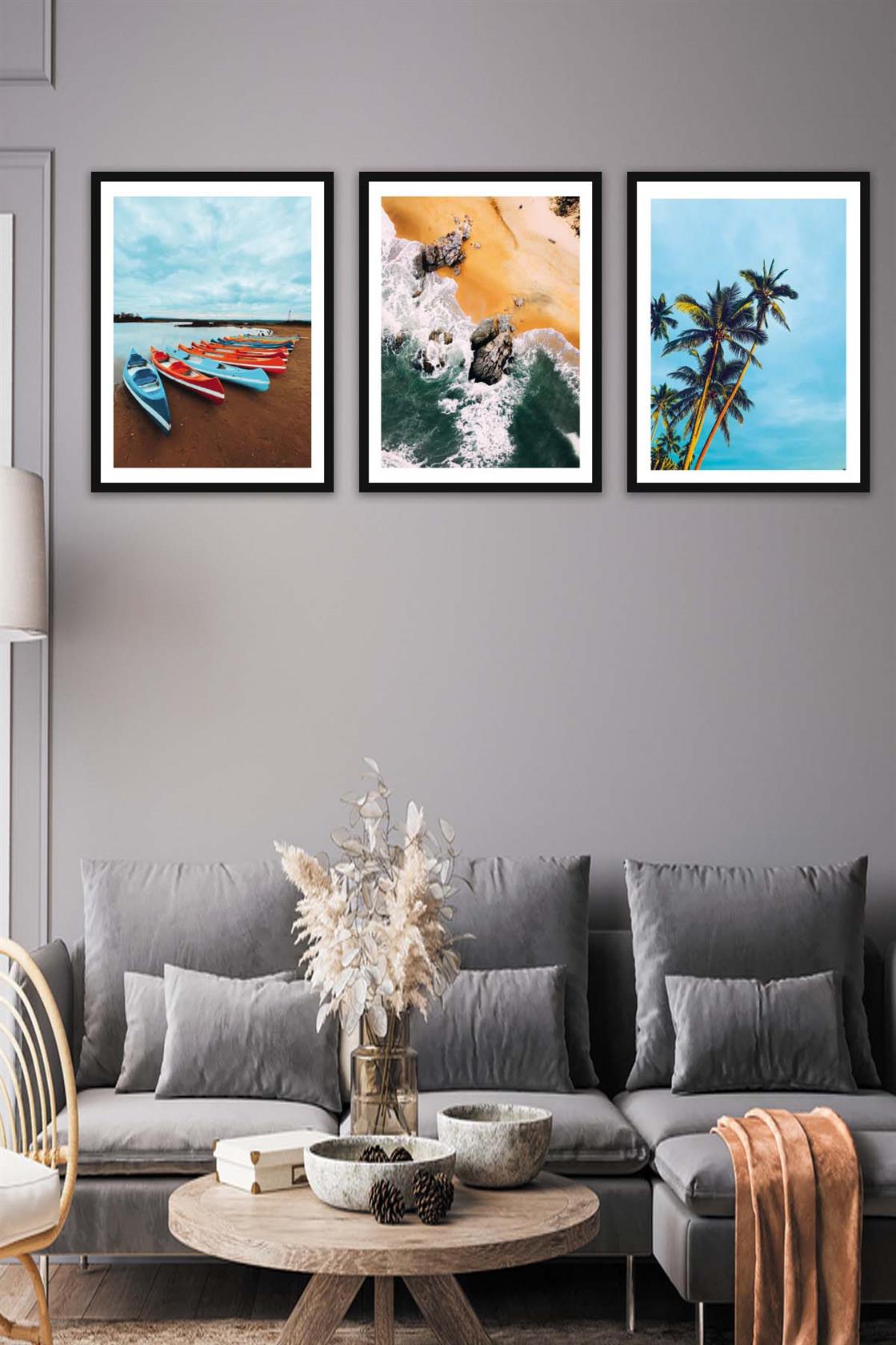 3 Parça Modern Tarzda Manzara Fotoğraflı Siyah Çerçeve Görünümlü Dijital Baskı Tablo Seti