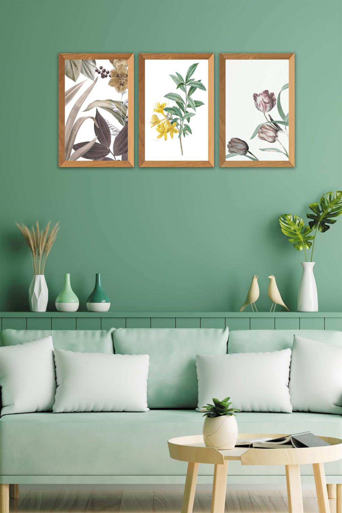 3 Parça Renkli Çiçekler Ahşap Çerçeve Görünümlü Dijital Baskı Tablo Seti