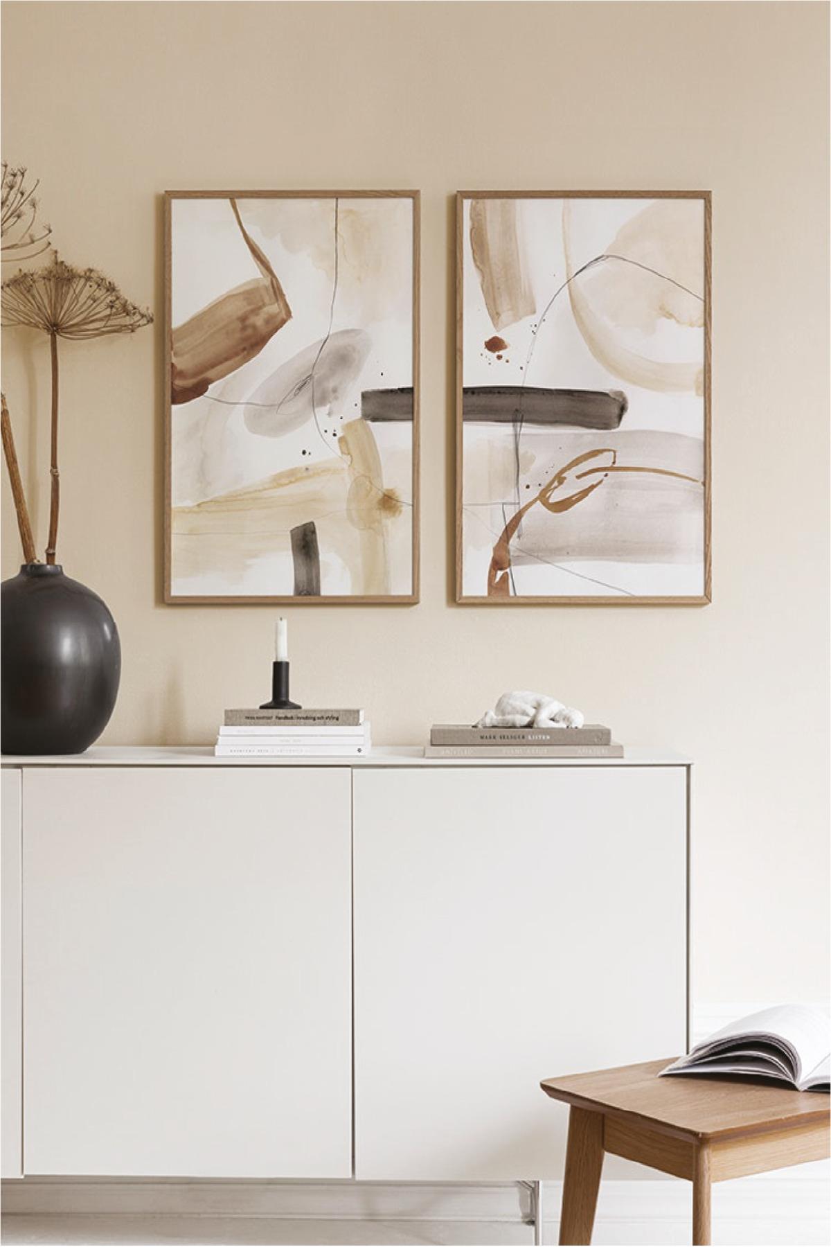 2 Parça Sanatsal Suluboya Tarzında Modern (AHŞAP ÇERÇEVE GÖRÜNÜMLÜ) Tablo Seti