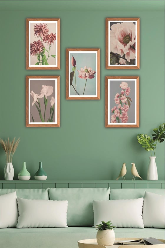 5 Parça Ahşap çerçeve Görünümlü Çiçek Desenli Uv baskı Mdf Tablo Seti