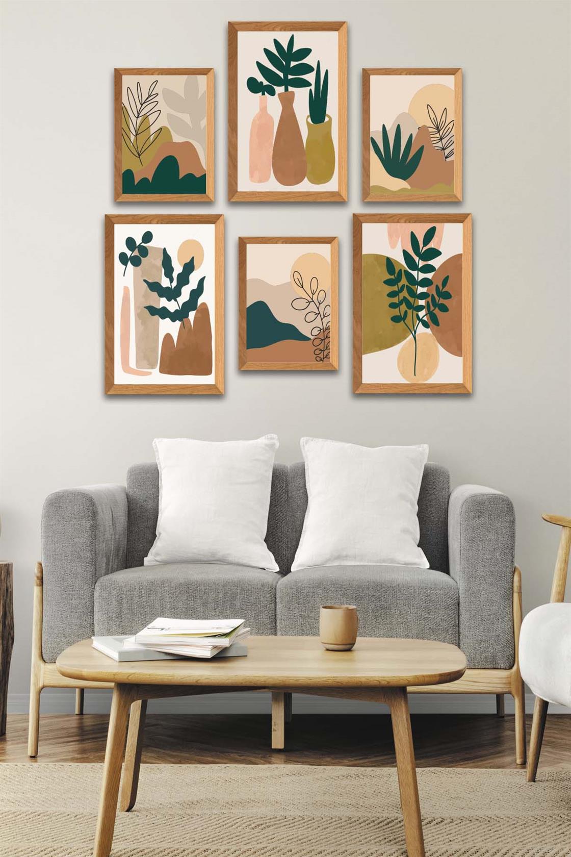 6 Parça Sanatsal Bohem Tarzında (Ahşap çerçeve görünümlü) Uv Baskı Mdf Tablo Seti
