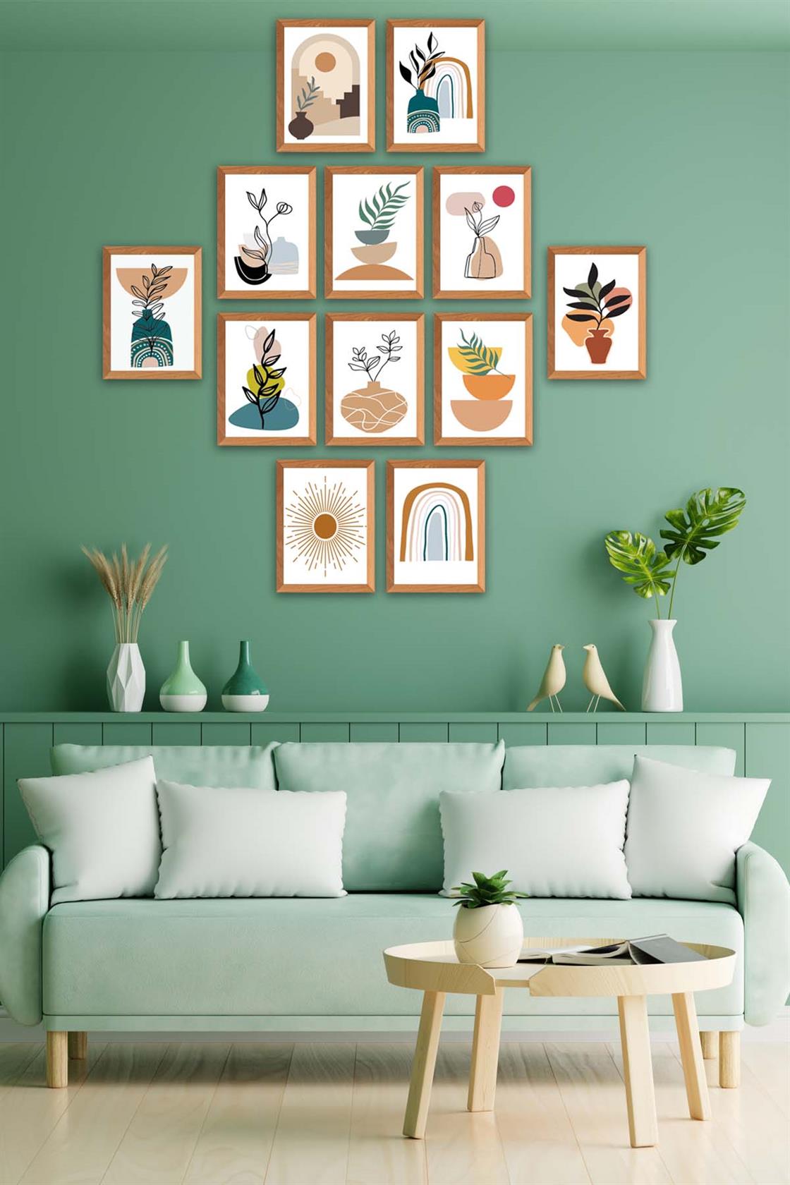 12 Parça Ahşap Çerçeve Görünümlü Sanatsal Tablo Seti