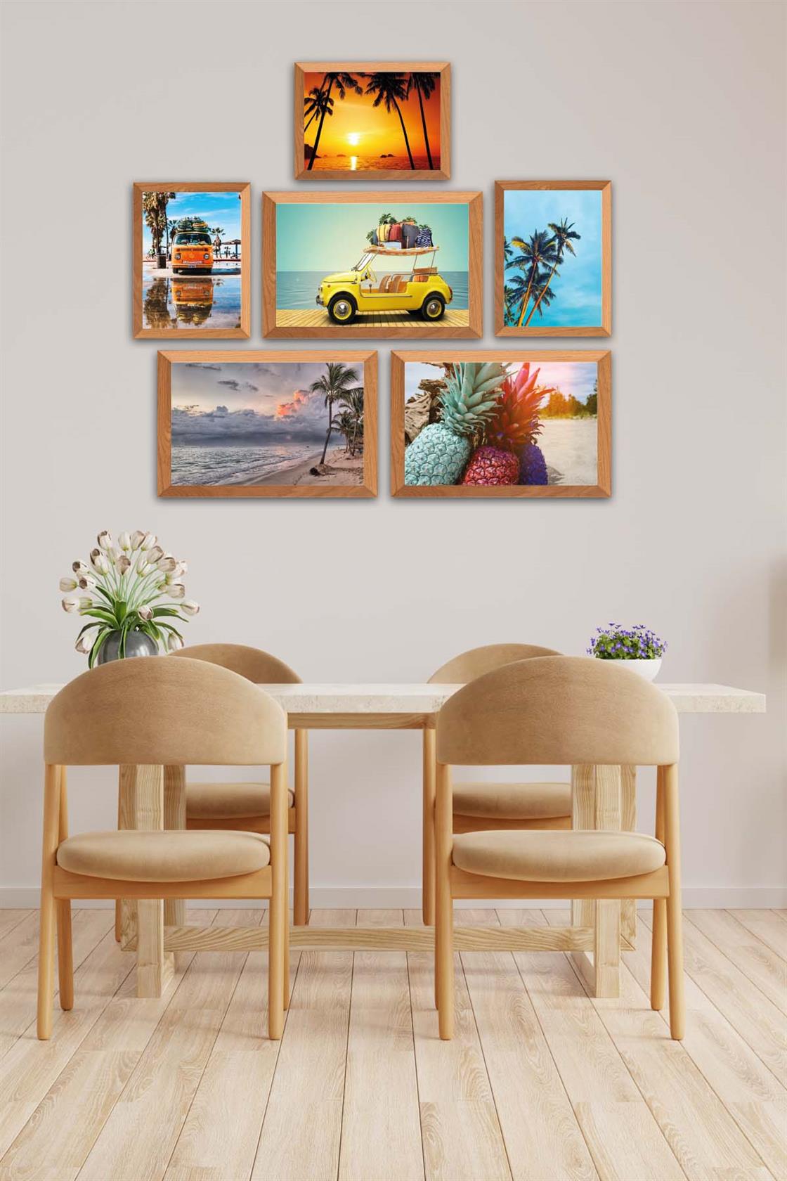 6 Parça Yaz Manzara Tarzında Ahşap Çerçeve Görünümlü Uv Baskı Mdf Tablo Seti