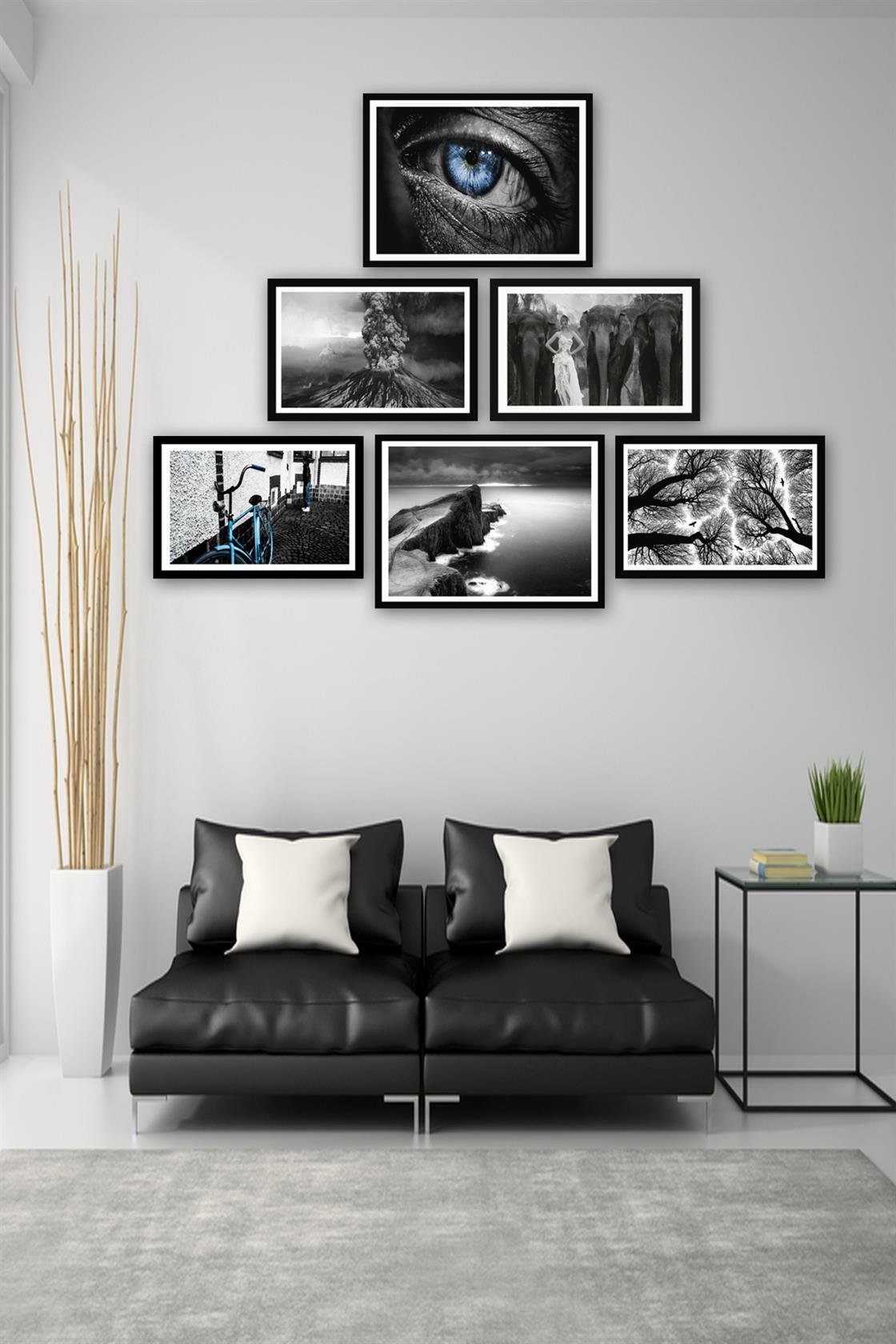 3 Parça Siyah Suluboya Tarzında Siyah Çerçeve Görünümlü Uv Baskı Mdf Tablo Seti